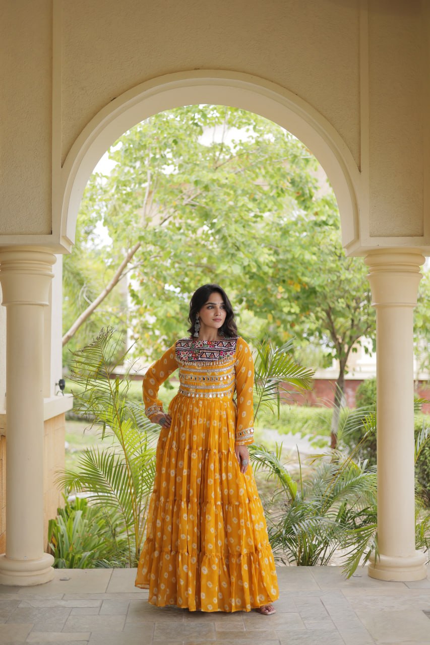 Lavanya Yellow Faux Georgette Bandhani Kutchi Patchwork Gown