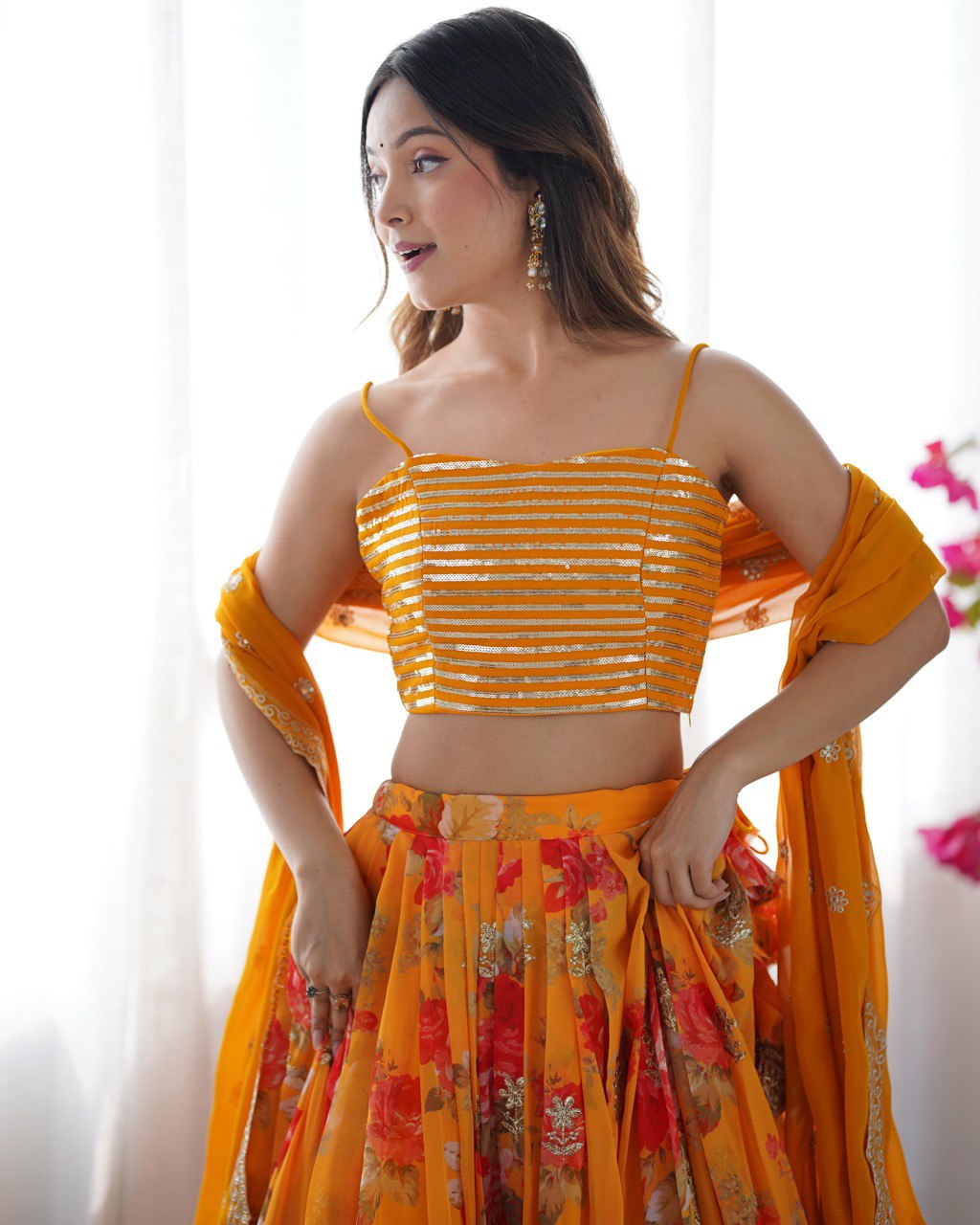 Yellow lehenga choli for Haldi, embroidered georgette lehenga with jacket, digital print lehenga, wedding lehenga set, Trinaari festive wear.