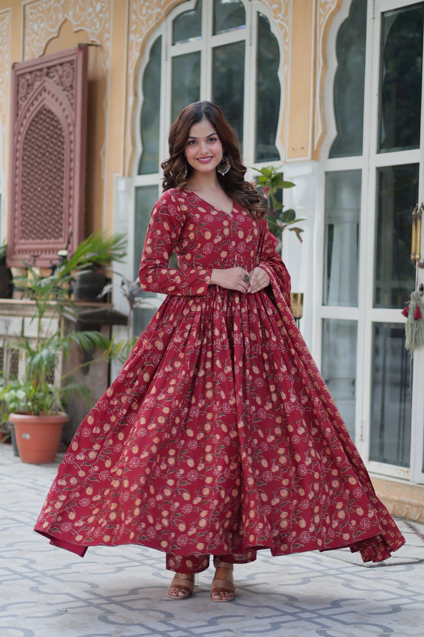 Red pure cotton Anarkali suit set for women with dupatta, breathable ethnic wear featuring block print design, flared kurta with pants and soft dupatta, ideal for daily wear, casual outings, office ethnic looks, and summer festive styles in lightweight Indian cotton fashion.