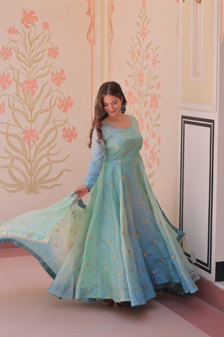 Sky blue organza flair sequins zari embroidery gown with dupatta