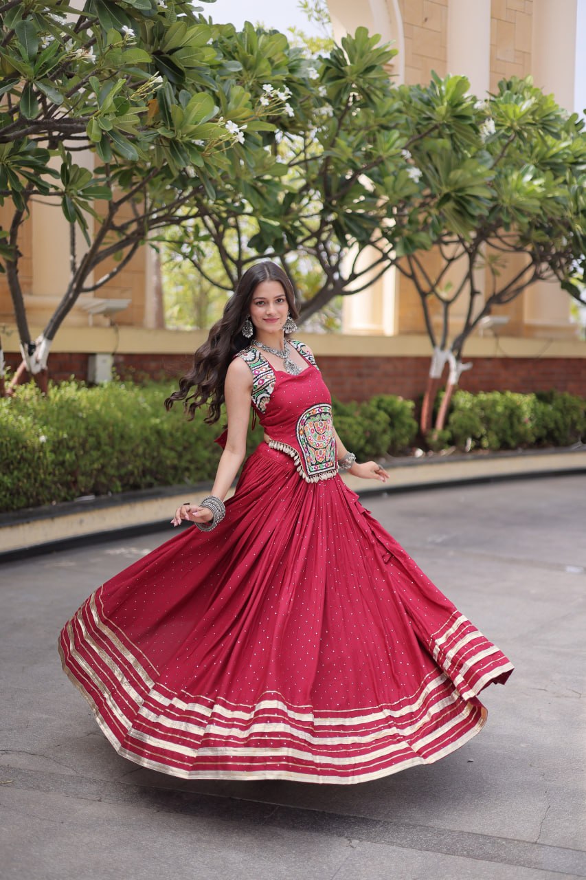 Yashvi Red Reyon Mukesh Patti Lace Lehenga Choli