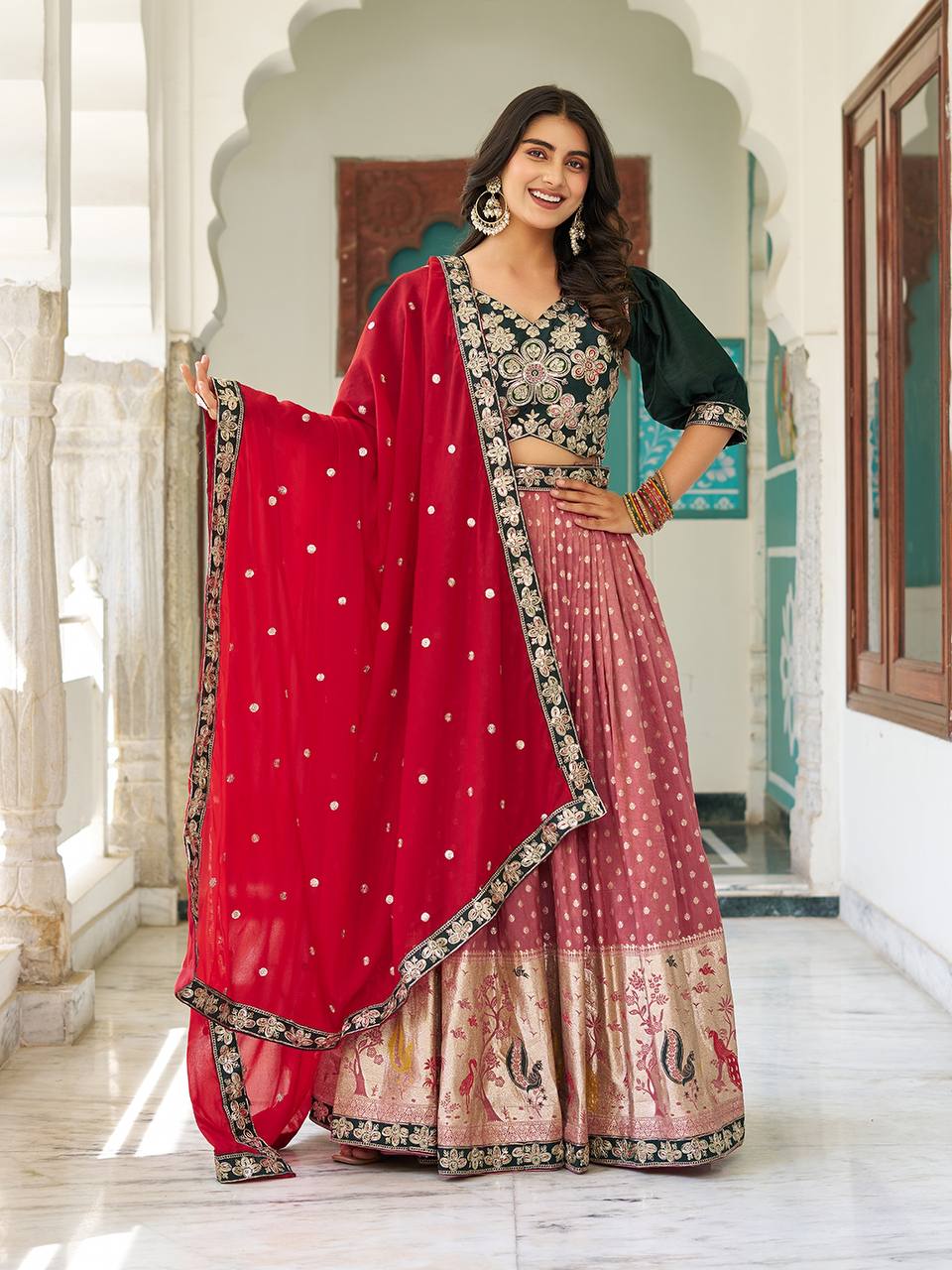 Multicolour silk lehenga choli set with heavy embroidery, sequin, and cording work; includes stitched shimmer lehenga, fully stitched mono silk choli, and embroidered georgette dupatta – perfect for weddings and festive occasions