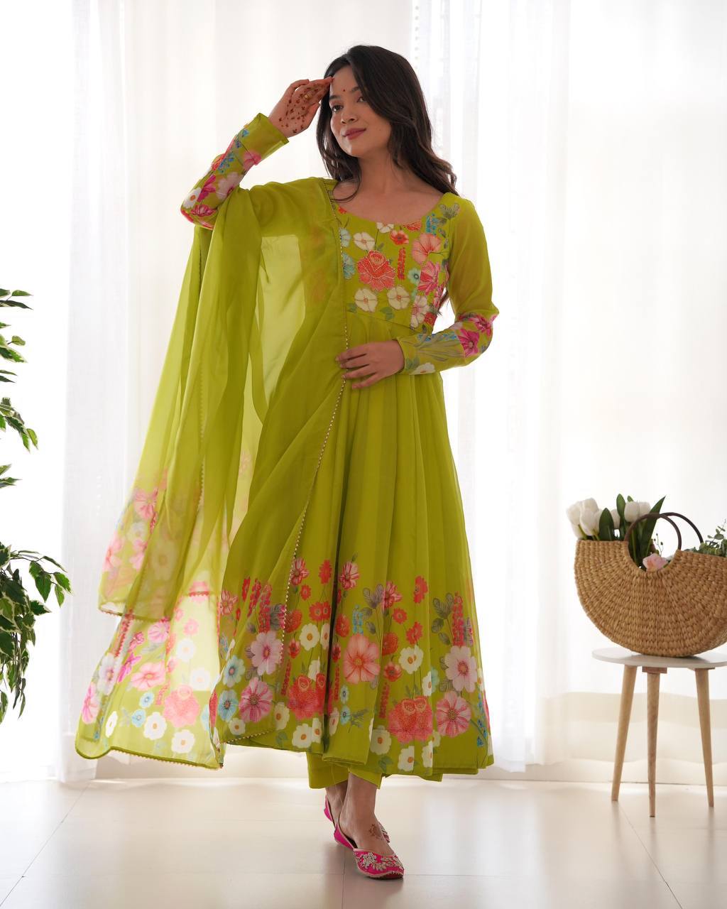 Darshika Green Organza Floral Printed Anarkali Suit Set
