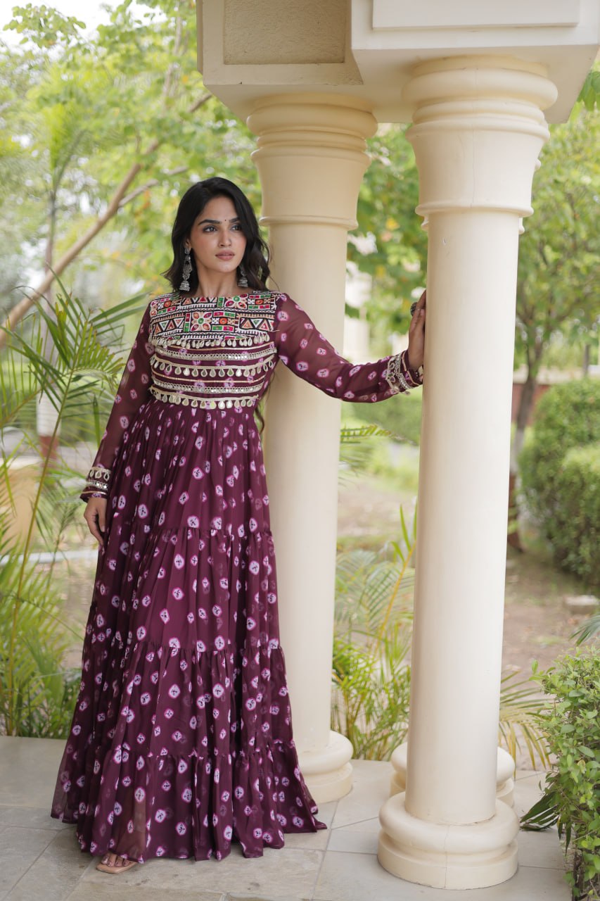 Lavanya Purple Faux Georgette Bandhani Kutchi Patchwork Gown