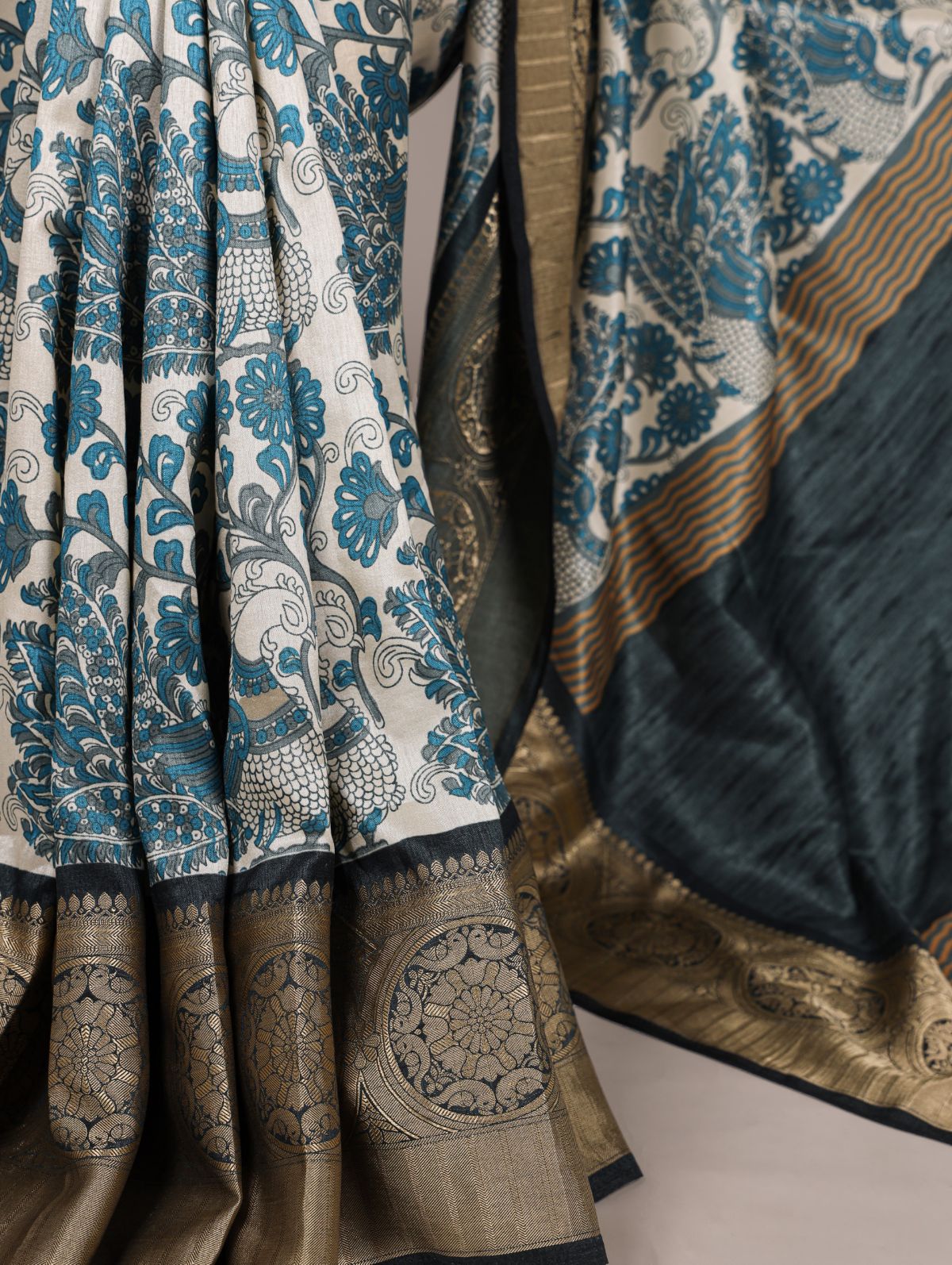 Teal Blue Color Tasar Silk Printed Saree with Viscose Border and Blouse