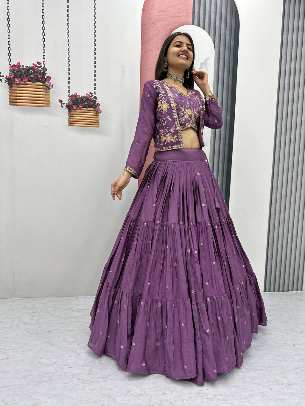 Purple chinon embroidered crop top lehenga with designer jacket