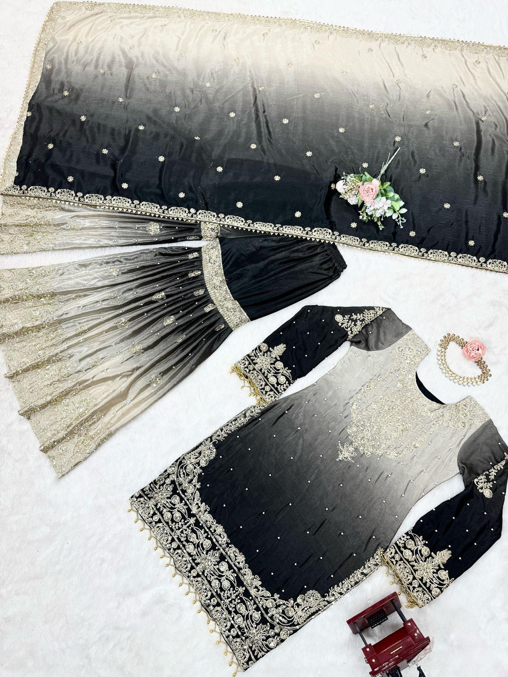 Manvisha Black Embroidered Sharara Suit Set