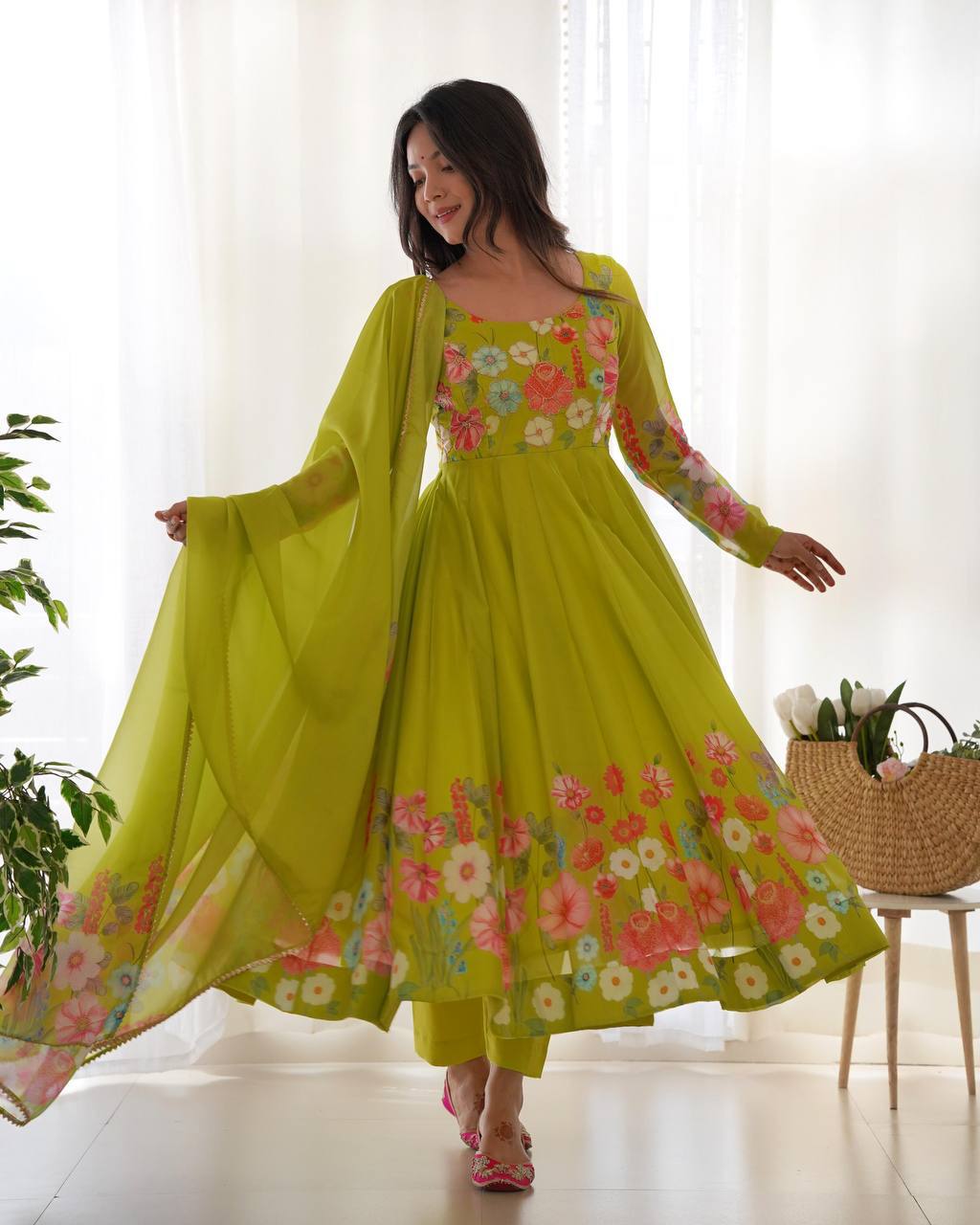Darshika Green Organza Floral Printed Anarkali Suit Set