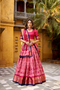 Girija Pink Color Dola Silk Batik Print With Zari
Weaving Work Lehenga Choli