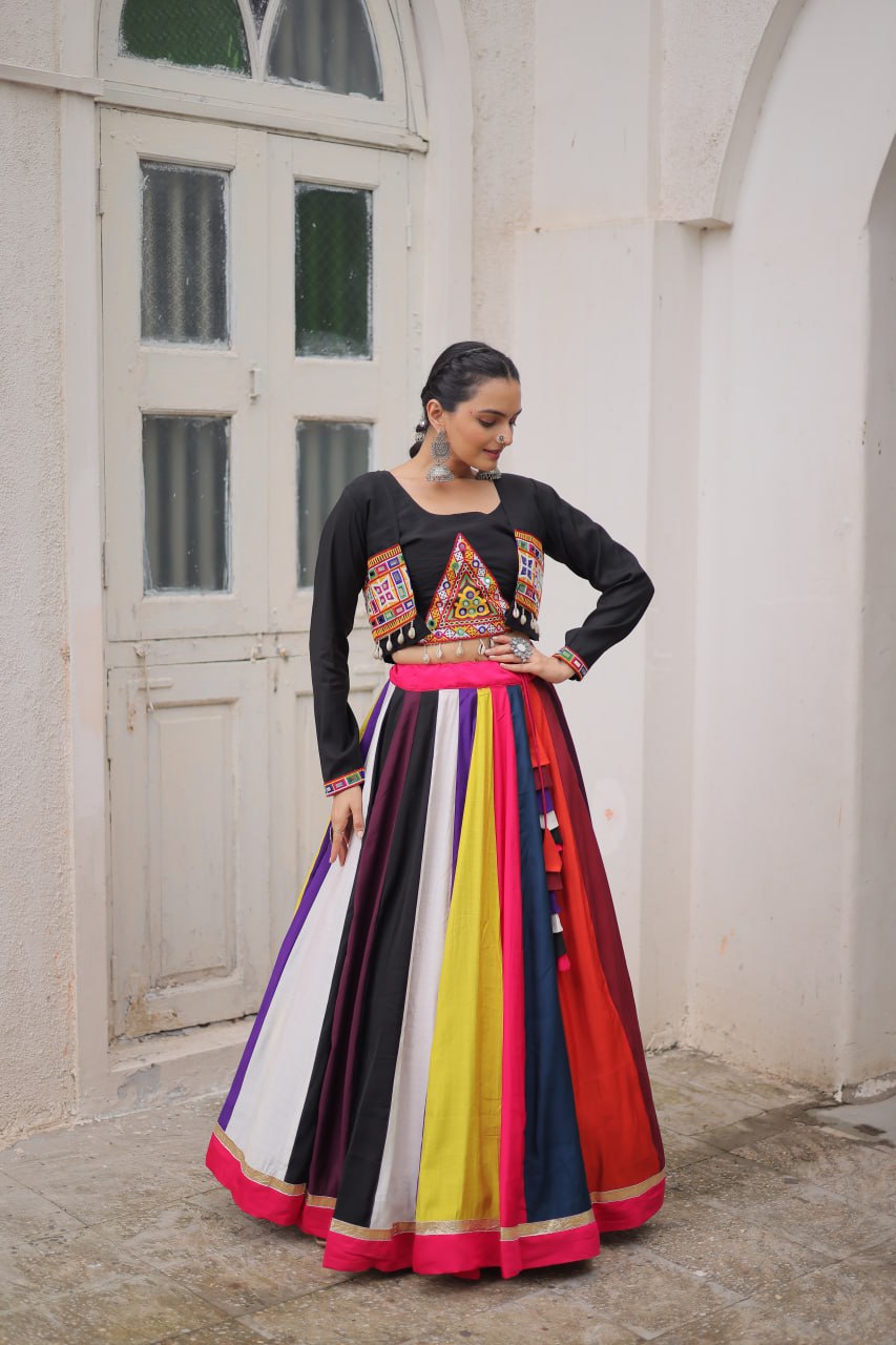 Multicolor Pure Rayon Navratri Lehenga Choli with Koti Style Blouse