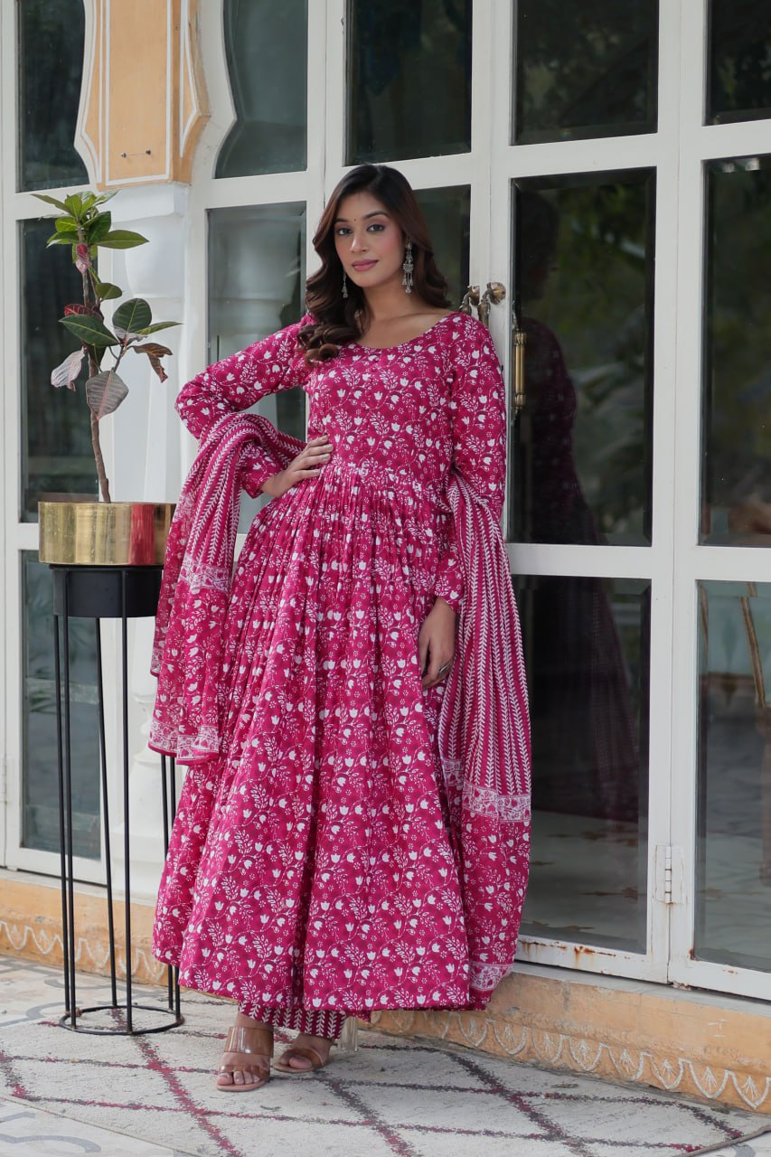 Mahi Pink Pure Cotton Anarkali Set with Dupatta