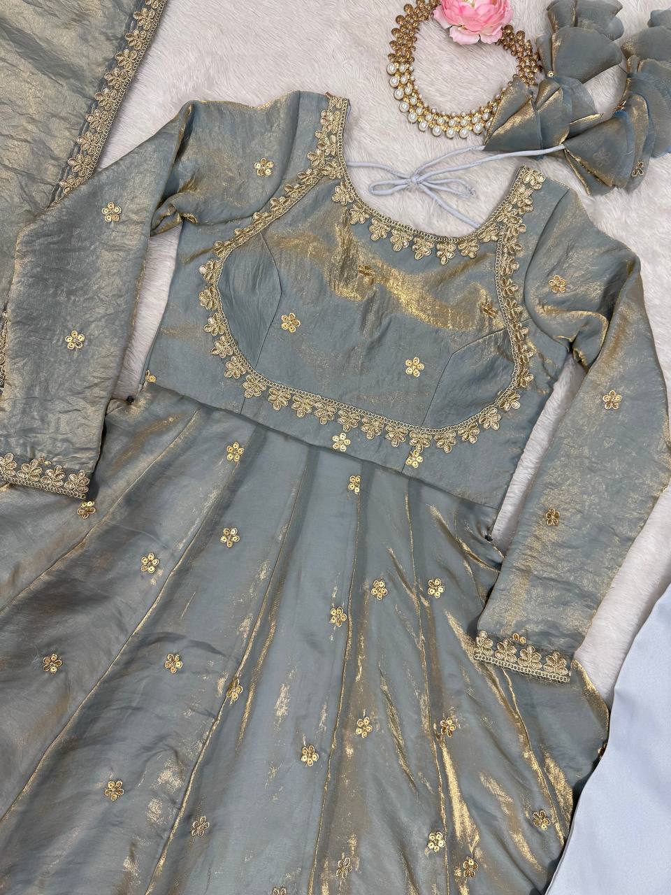 Neelika Grey Anarkali Suit Set – grey designer Anarkali suit for women, embroidered gown with dupatta, plus size ethnic wear, Fandy silk partywear Anarkali, traditional Indian gown set, ready to wear festive outfit, sequin and coding embroidery suit, fully stitched Anarkali gown, wedding guest ethnic dress, elegant Indian party gown for Mehendi and Sangeet.