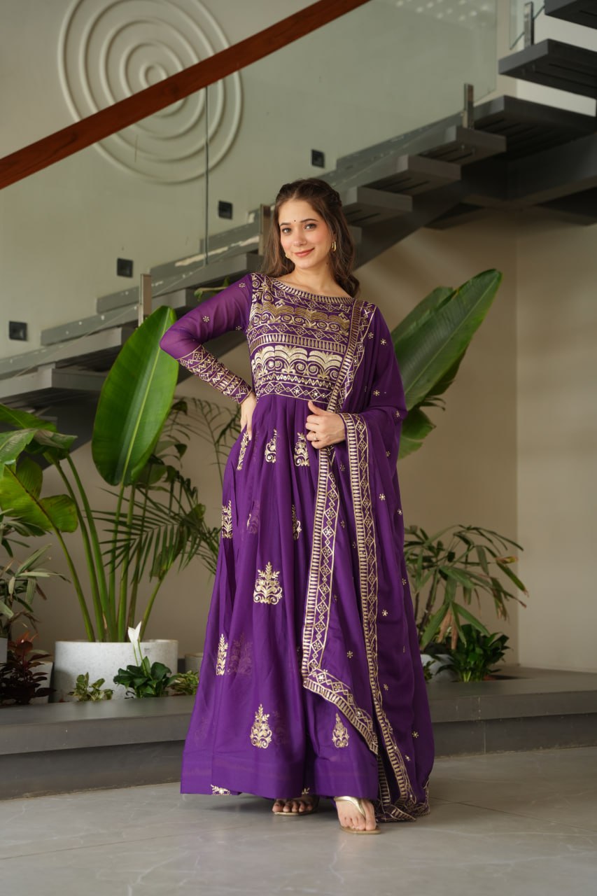 Purple Chinnon gown set with multi-colored sequins and beads embroidery, full sleeves, and matching embroidered dupatta – ideal for festive and wedding occasions