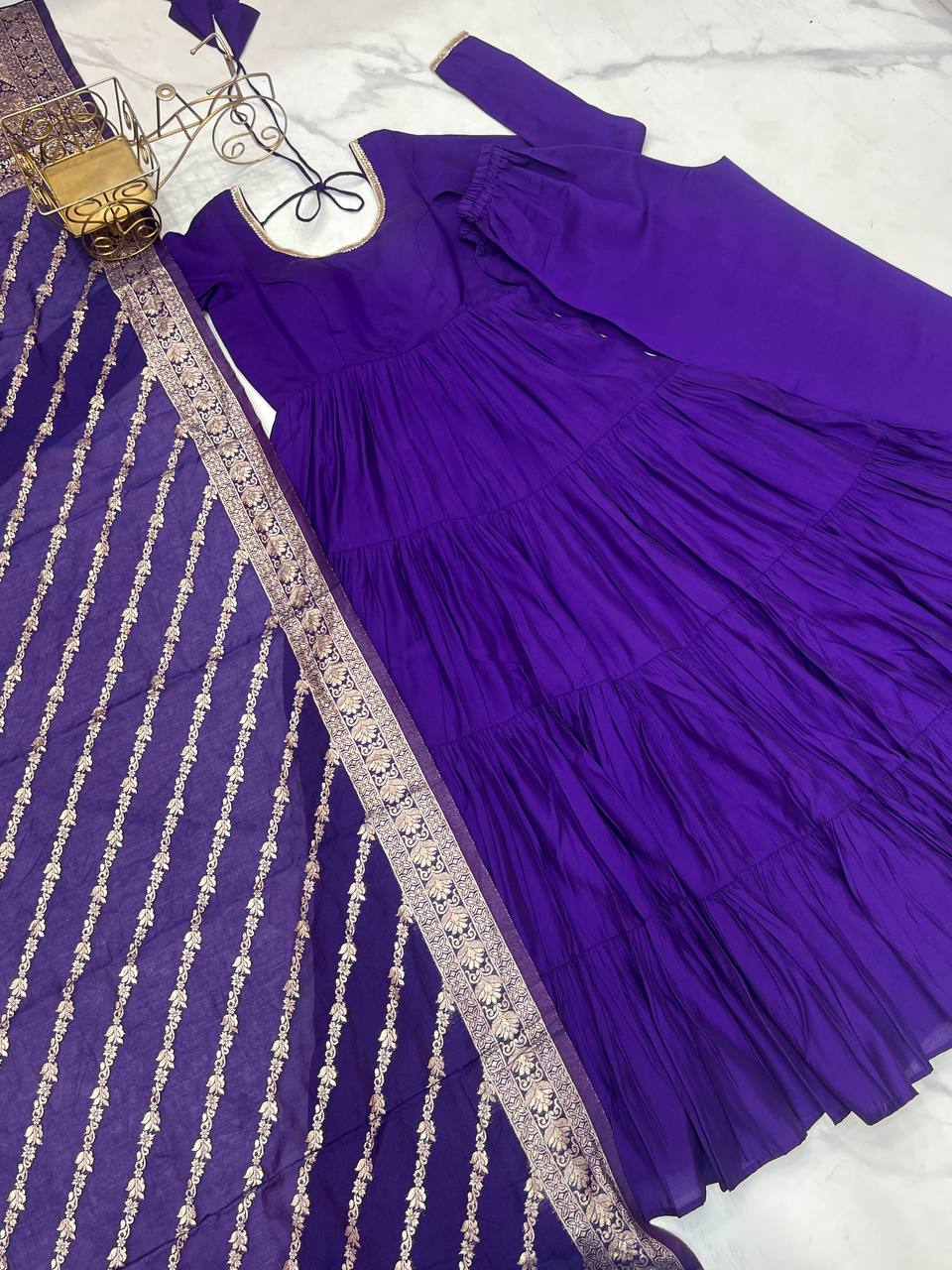 Ashika Roman Silk Flared Purple Anarkali Suit