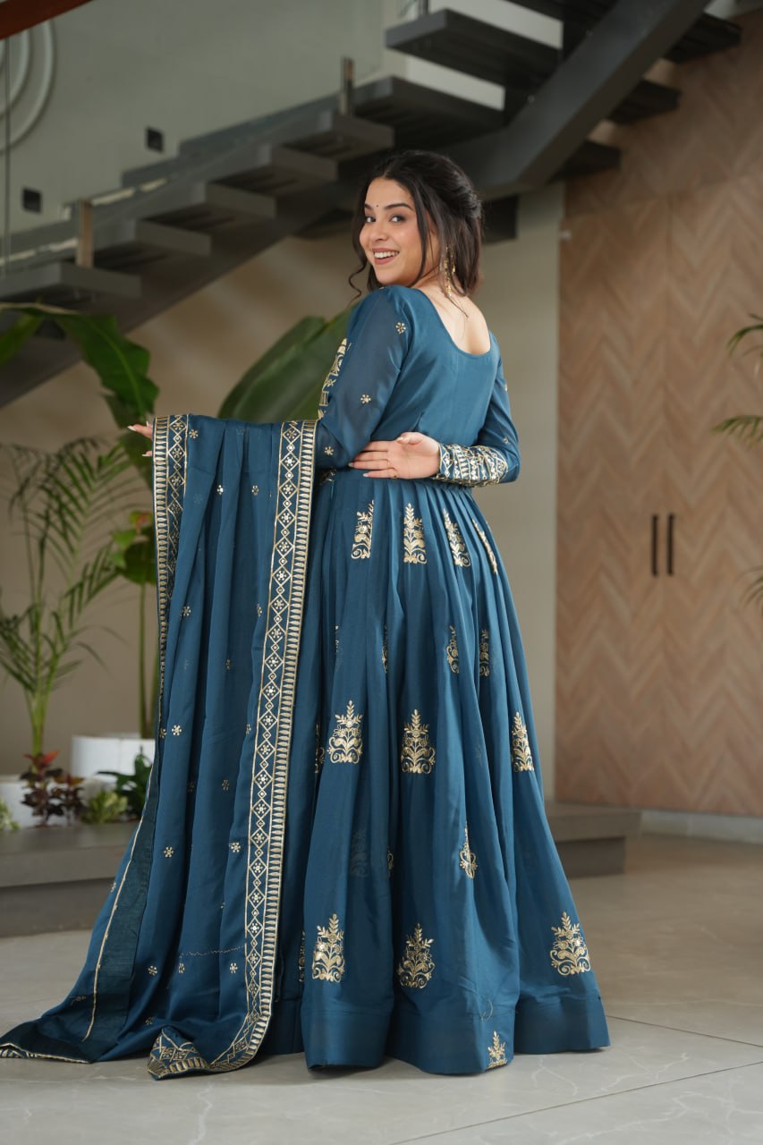 Teal Blue Chinnon Embroidered Gown with Sequins Work and Dupatta