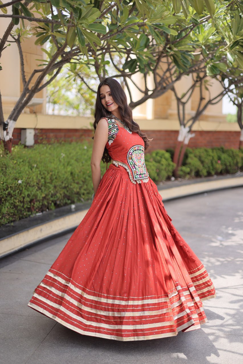 Yashvi Orange Reyon Mukesh Patti Lace Lehenga Choli