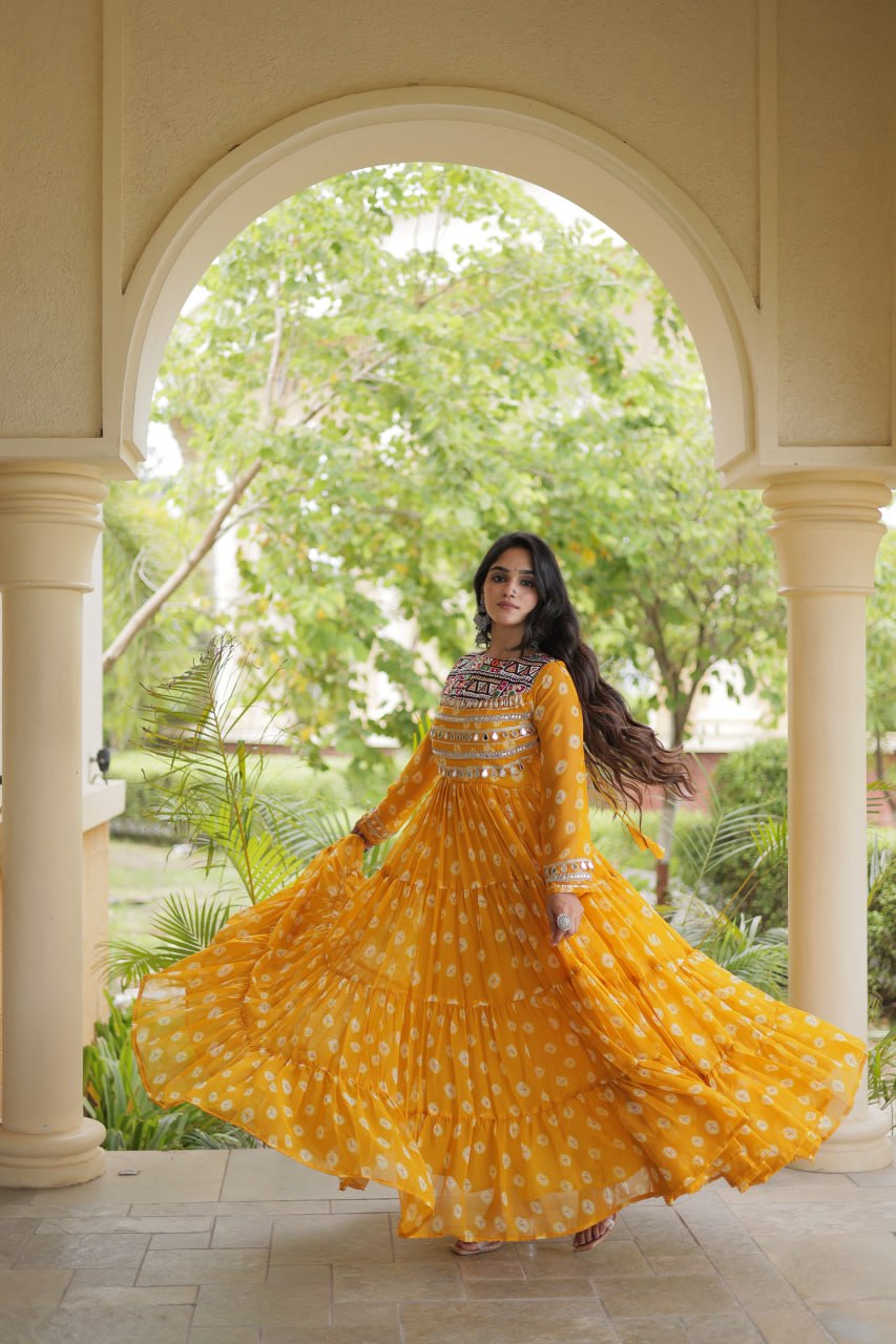 Lavanya Yellow Faux Georgette Bandhani Kutchi Patchwork Gown