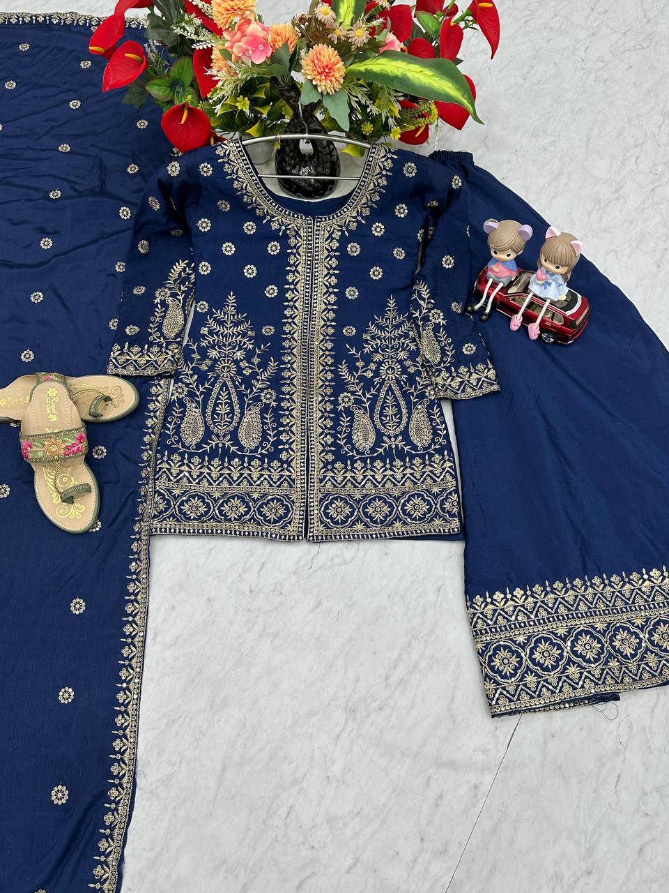 Enya Blue Color Chinon Embroidery Thread Sequence Work Kurti Palazzo Set