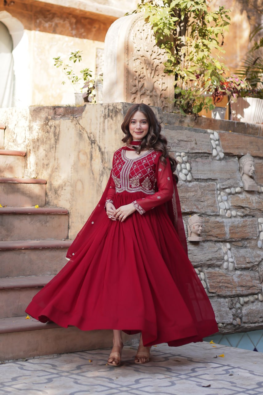 Chamvika Maroon Embroidered Gown Set with Dupatta – long gown for women, party wear gown for wedding, Indian gown for women, maroon gown for engagement, full sleeve ethnic gown, designer gown with dupatta, sequin gown for festival, traditional wear for women, Indo western gown online, stylish Indian dress for sangeet function, ready-to-wear ethnic gown for women.