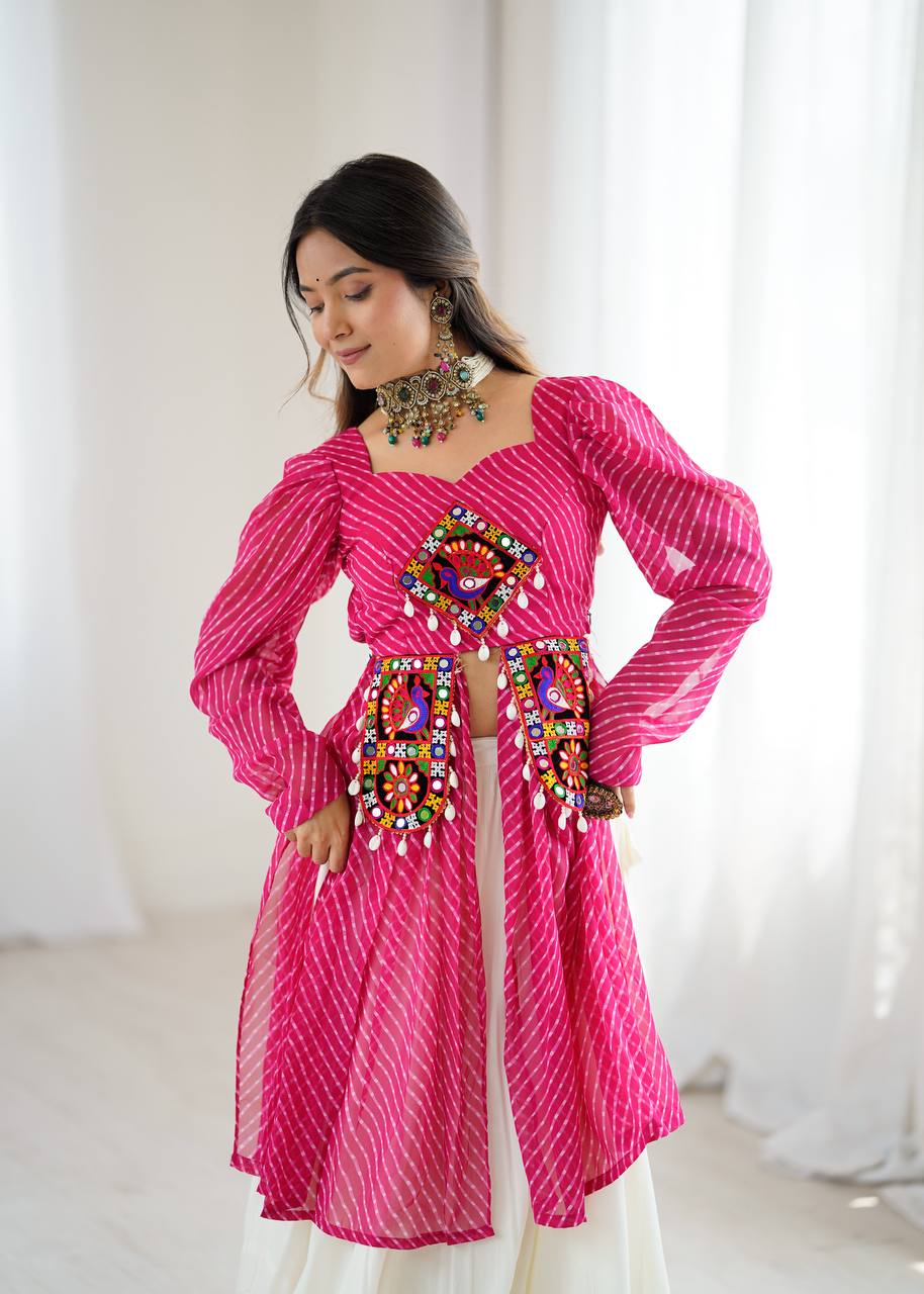 Pink Georgette Top with Digital Print and Thread Work Butter Silk Gota Patti Work Lehenga