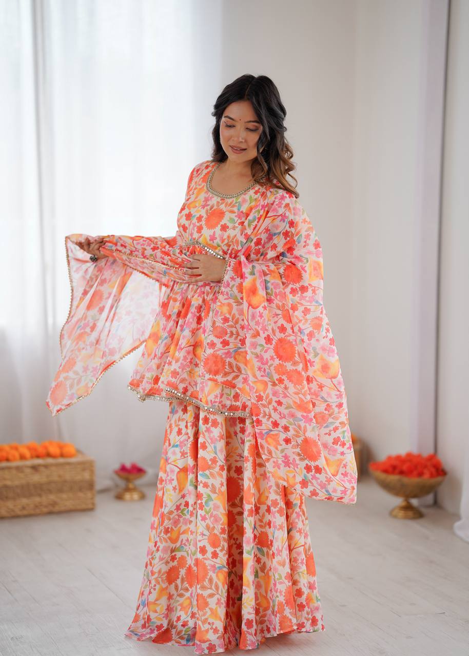Orange Color Pure Soft Taby Organza Floral Print Kediya Kurta Set