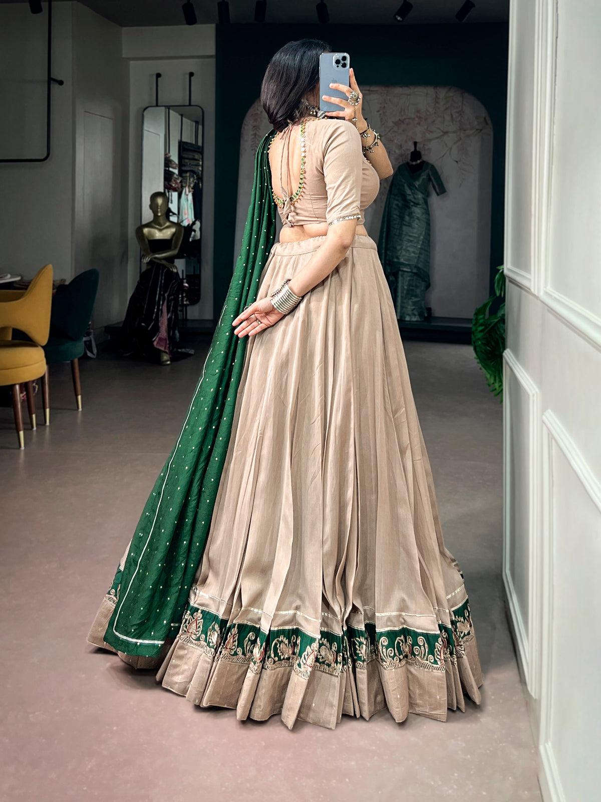 Jiya Beige Chanderi Embroidered Lehenga