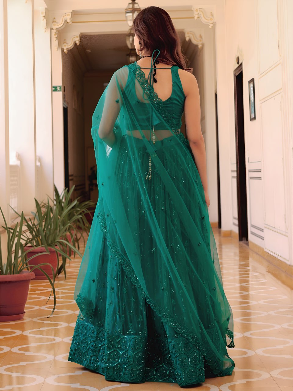 Teal green soft net thread sequins pearl embroidery lehenga choli