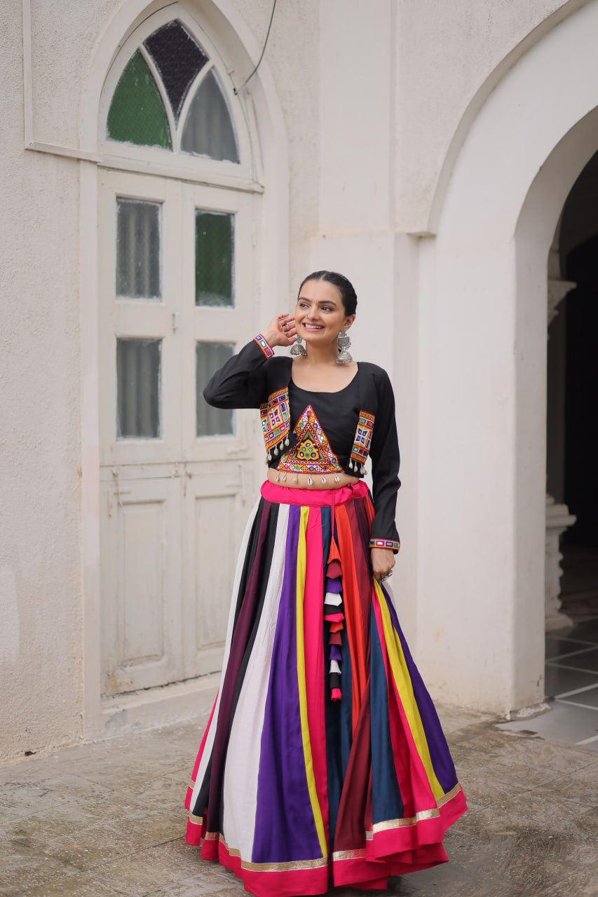 Multicolor Pure Rayon Navratri Lehenga Choli with Koti Style Blouse