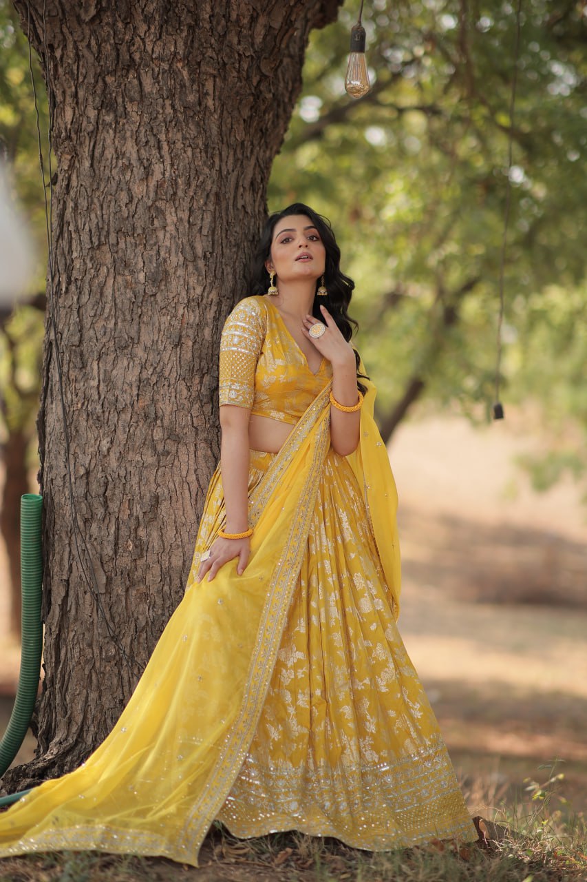 Pranshi yellow viscose jacquard lehenga choli set