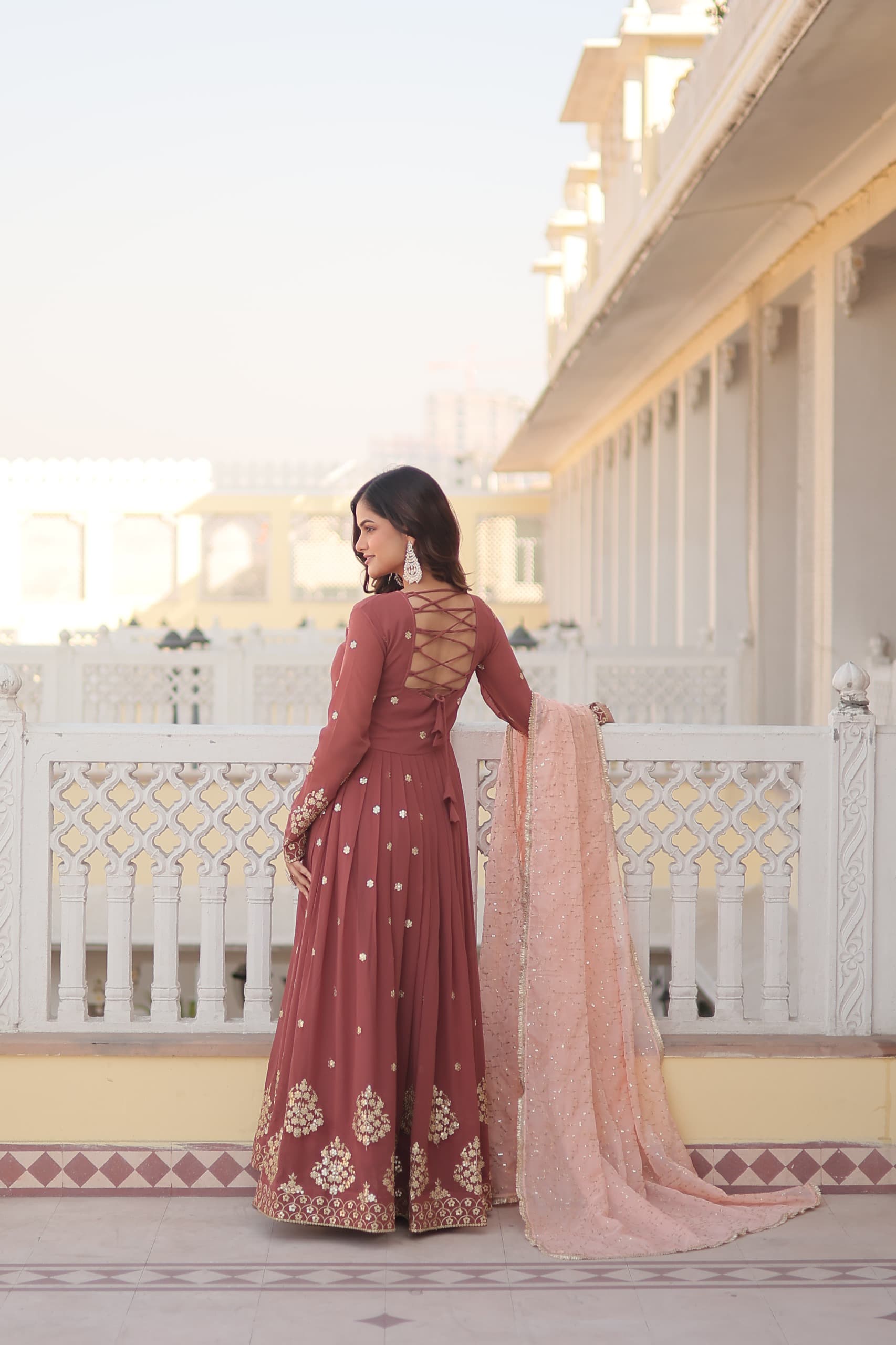 Vasudha brown georgette embroidered anarkali gown set