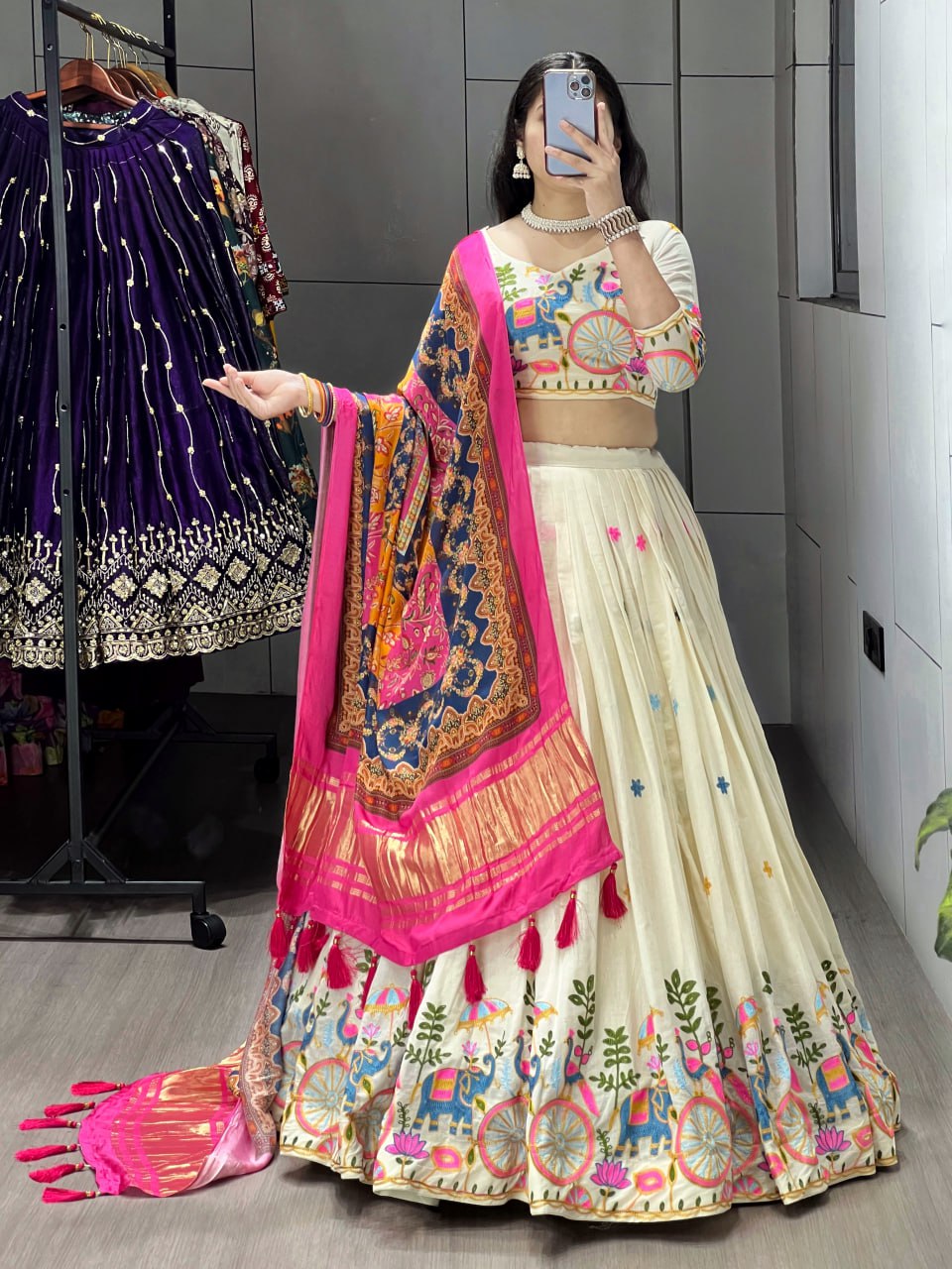 Off-White Cotton Embroidered Lehenga with Pink Color Gaji Silk Dupatta
