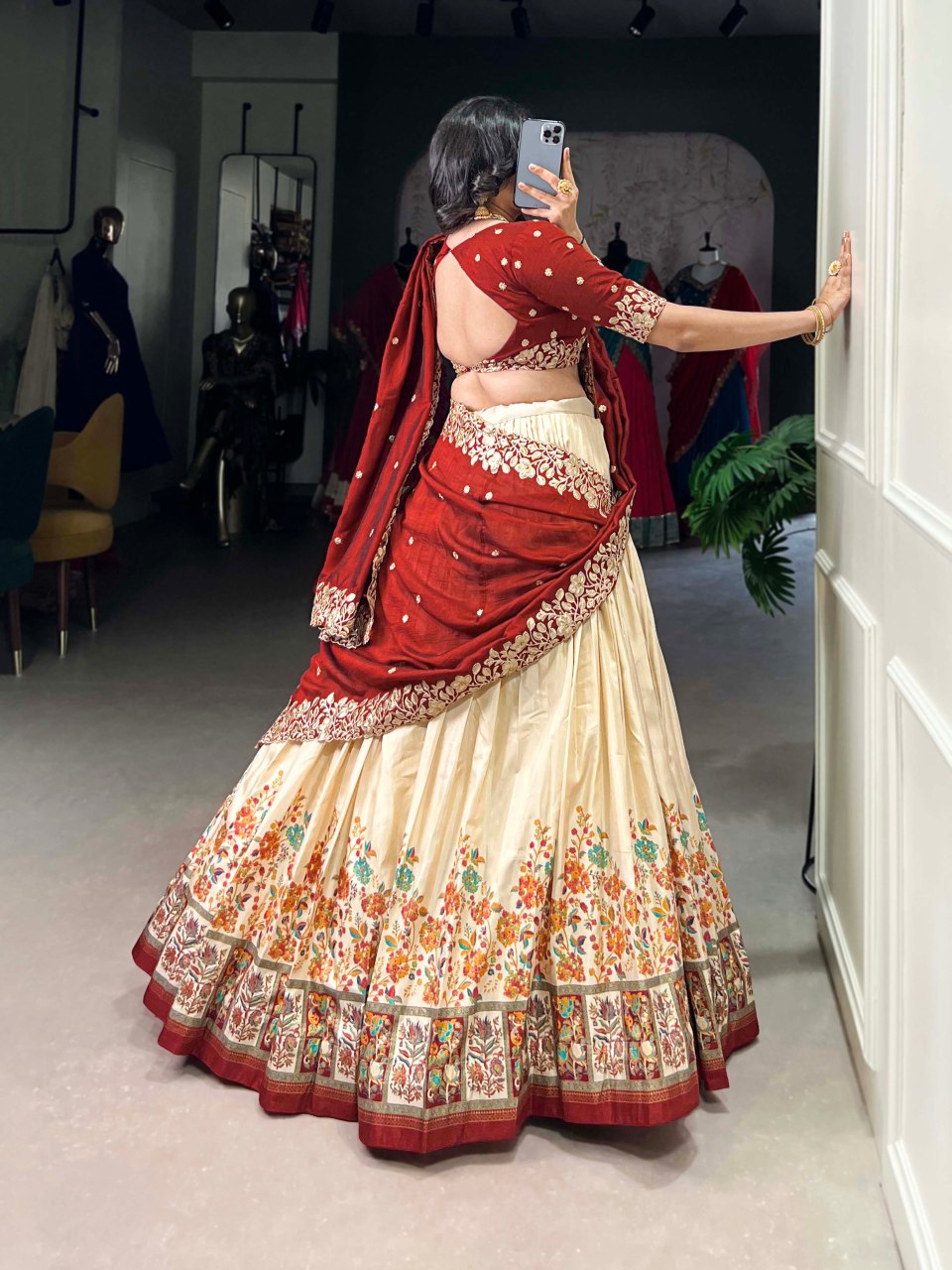 Off-white Tussar silk lehenga with foil print and embroidered dupatta