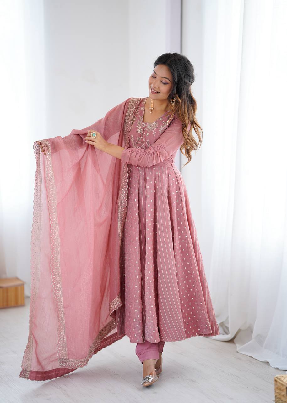 Peach Color Crunchy Silk Embroidered Anarkali Suit Set