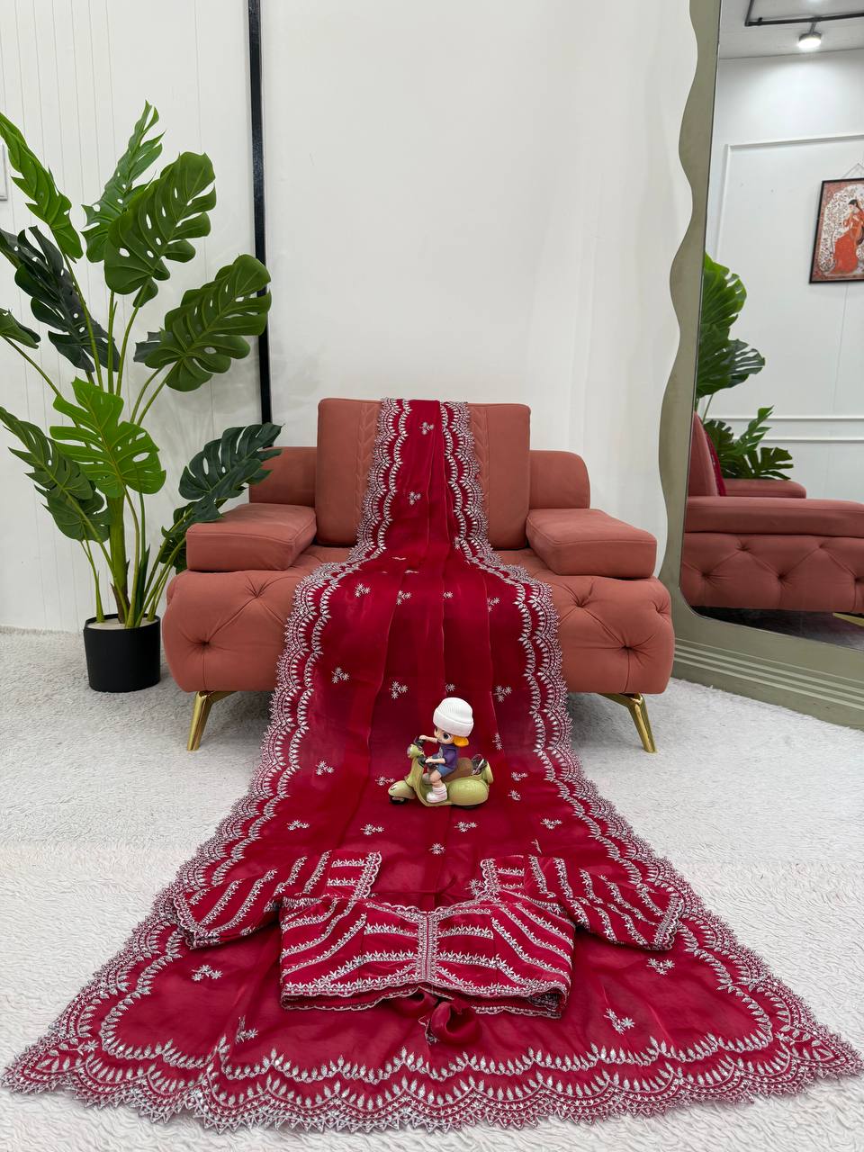 Vikatya red Jimmy Choo fabric saree with thread & sequin embroidery, unstitched blouse—perfect for weddings, parties & festive wear.