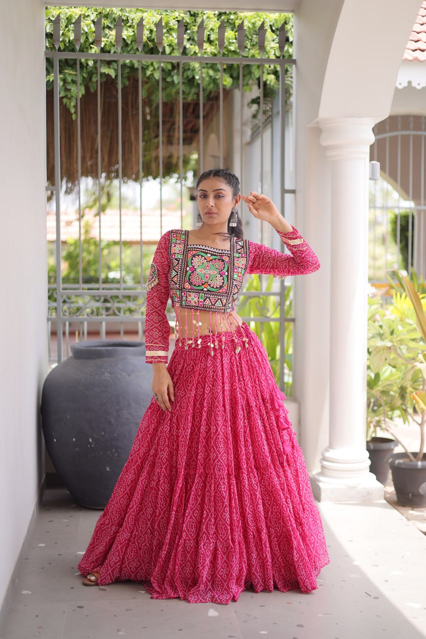 Anjali Pink Faux Georgette Bandhani Kutchi Patchework Lehenga