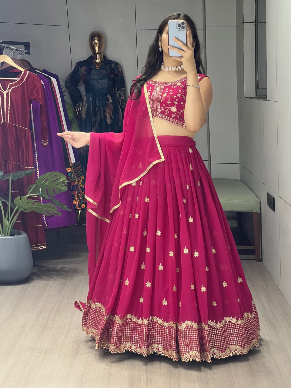 Yami Pink Color Georgette Embroidered Lehenga Choli with Dupatta