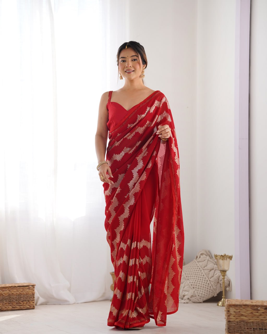 Red georgette saree with sequin & Seroski diamond work, bridal party wear saree with satin blouse, designer ethnic wear by Trinaari for weddings.