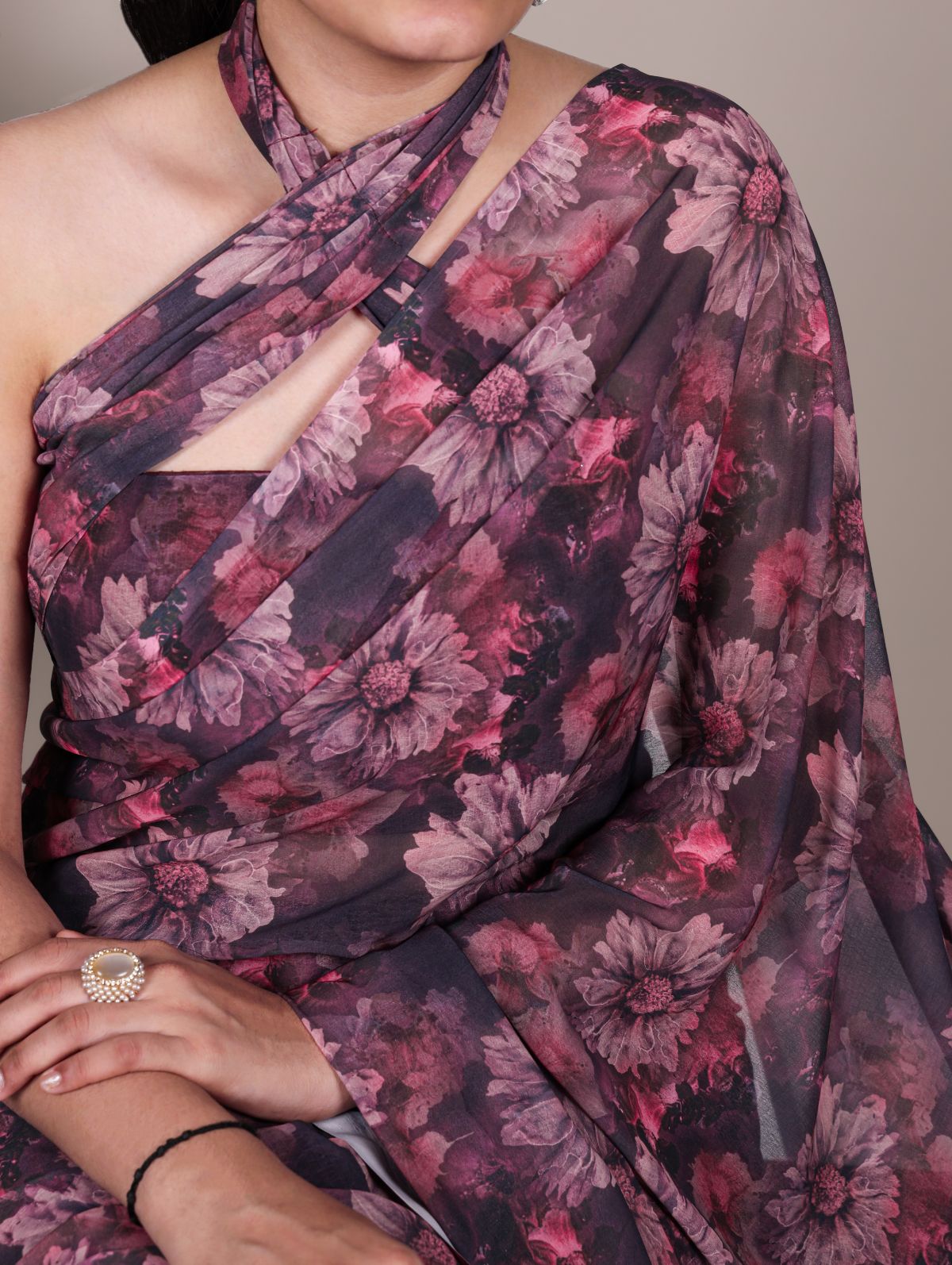 Onion Pink Color Weightless Marble Floral Print Saree with Unstitched Blouse
