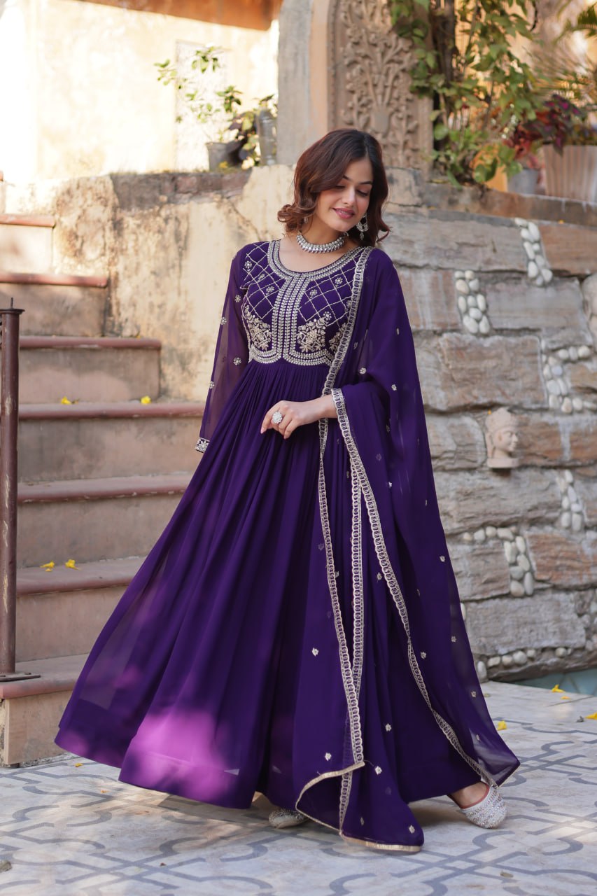Chamvika Purple Designer Gown with Dupatta – party wear gown for women, long gown for wedding, Indian ethnic gown online, sequin embroidered gown, purple gown for reception, full sleeve gown dress, Indo western gown for girls, traditional Indian wear, stylish gown for engagement, readymade gown for festival, bridal gown with dupatta.