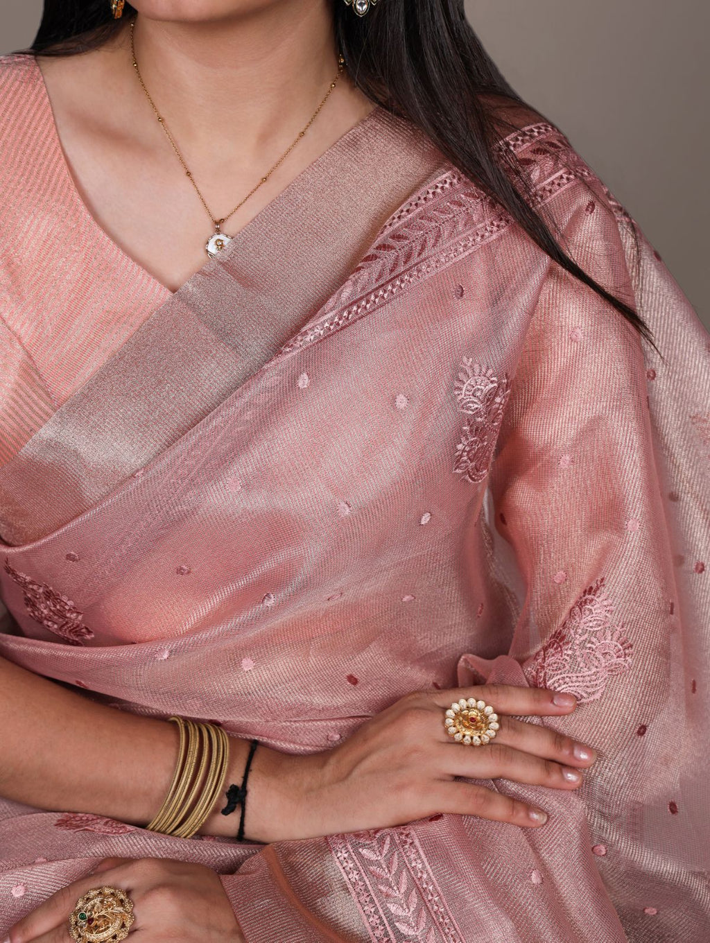 Light Pink Color Poly Shimmer Thread Embroidered Saree with Unstitched Blouse