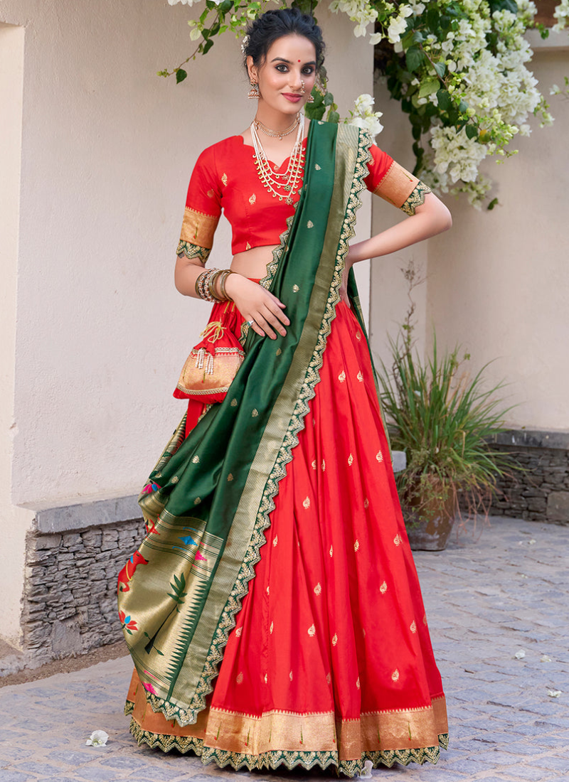 Red Jacquard Silk Paithani Lehenga Choli with Dupatta & Batwa