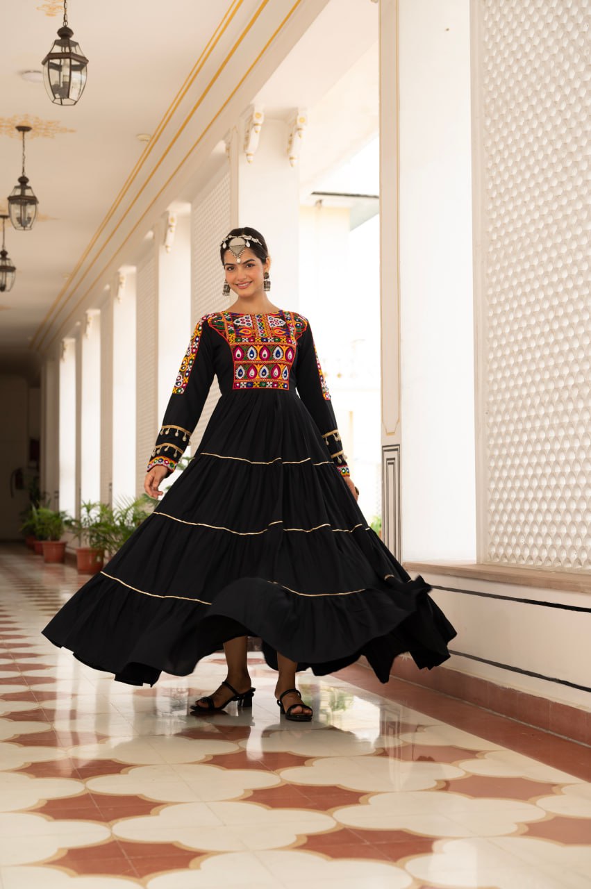 Black Kora Cotton Kutchi Gamthi Mirror Work and Kodi Lace Gown