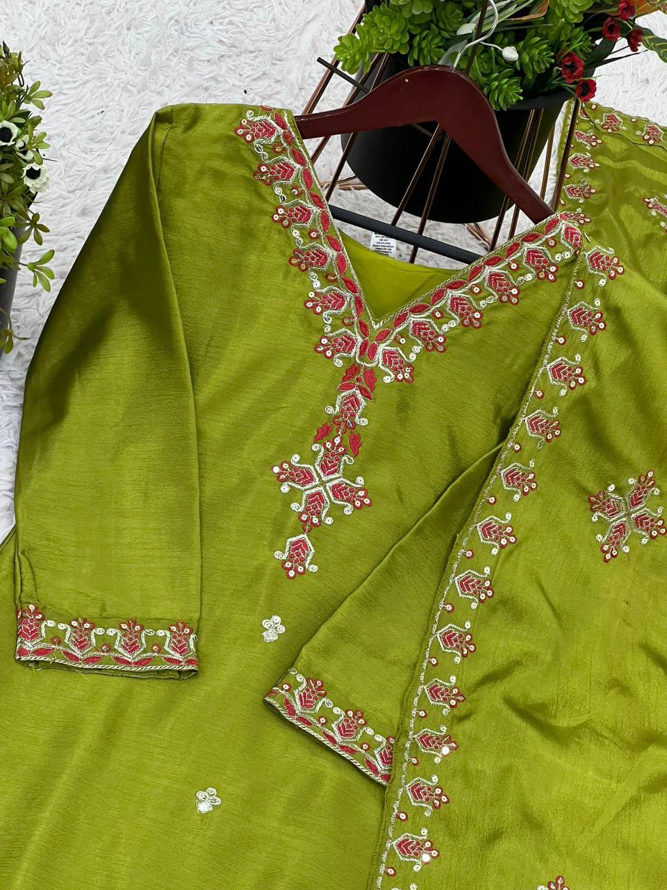 Anvitha Green Chinon Silk Kurti Set with 5mm sequin embroidery, lacework & dupatta – fully stitched festive wear for women.
