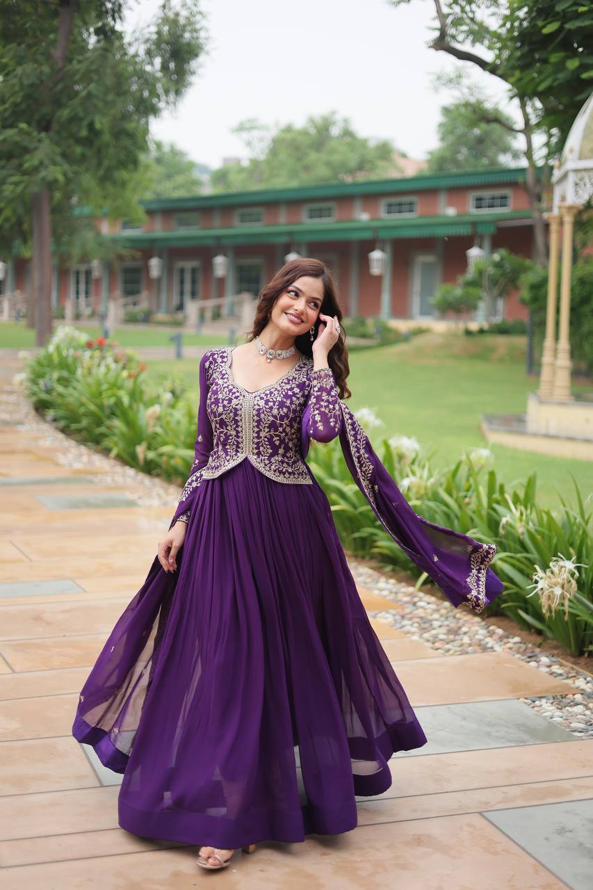 Parthavi Purple Georgette Embroidered Anarkali Gown Set