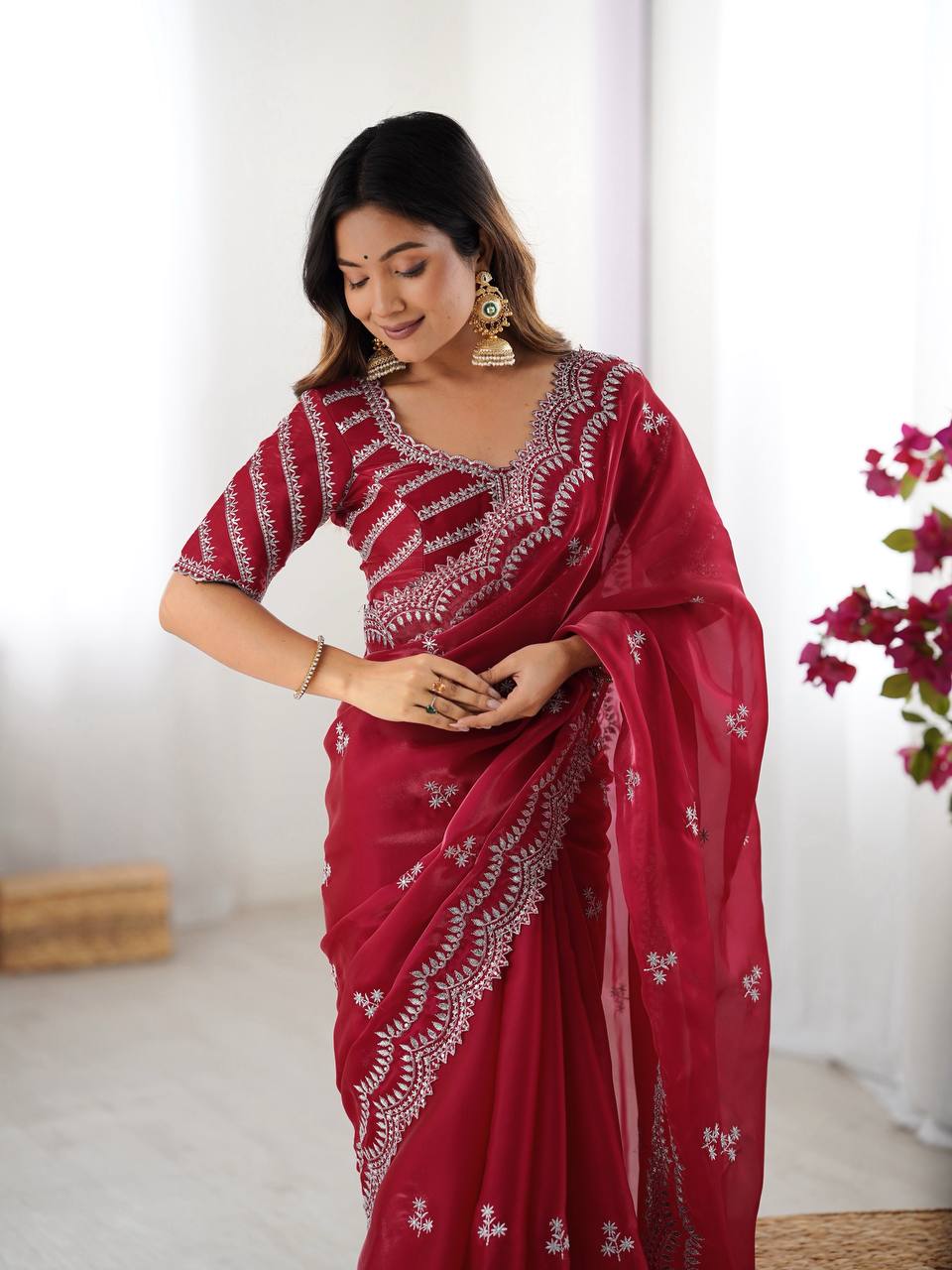 Vikatya red Jimmy Choo fabric saree with thread & sequin embroidery, unstitched blouse—perfect for weddings, parties & festive wear.