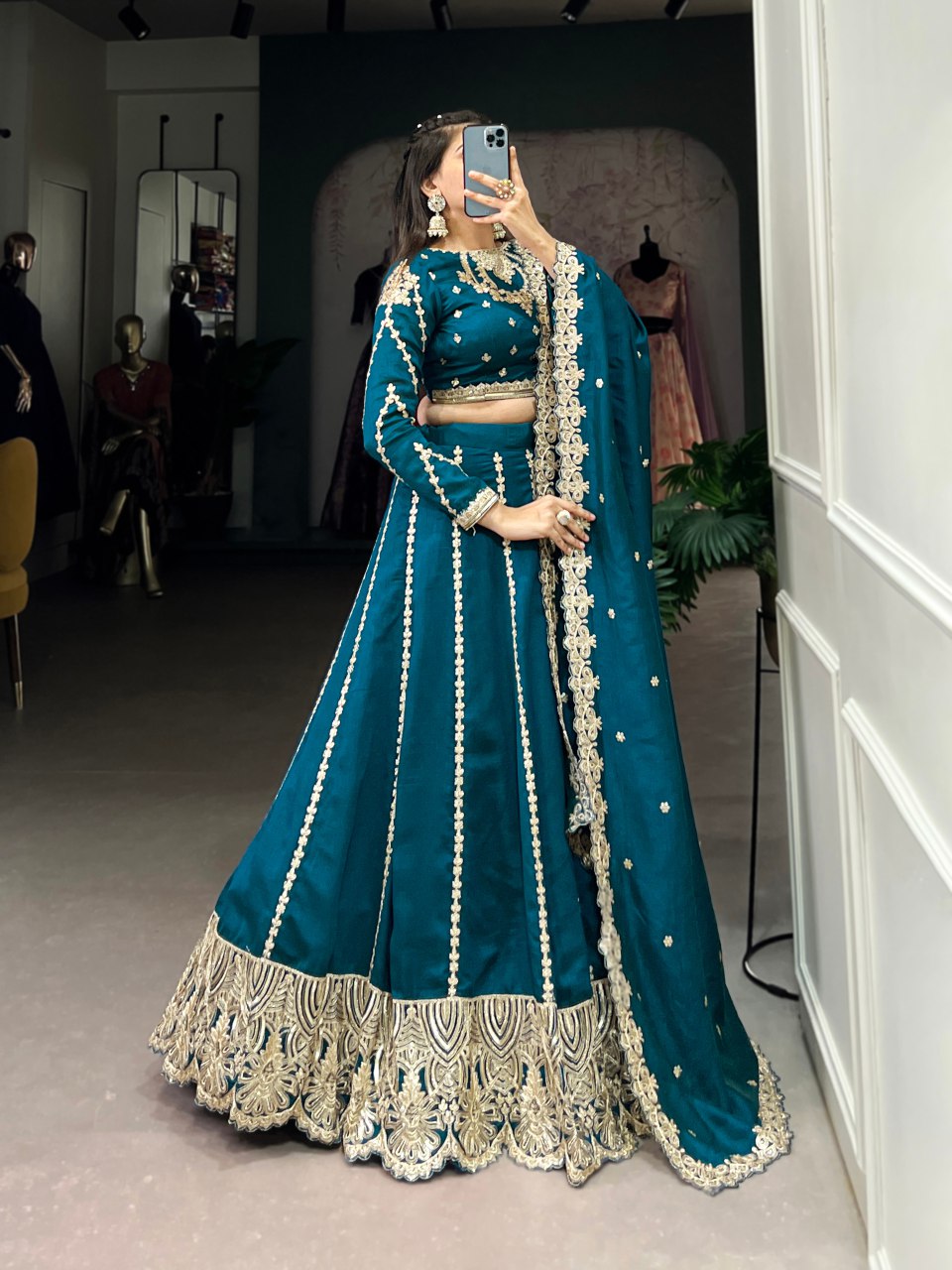 Sravya teal vichitra silk sequins embroidered lehenga set