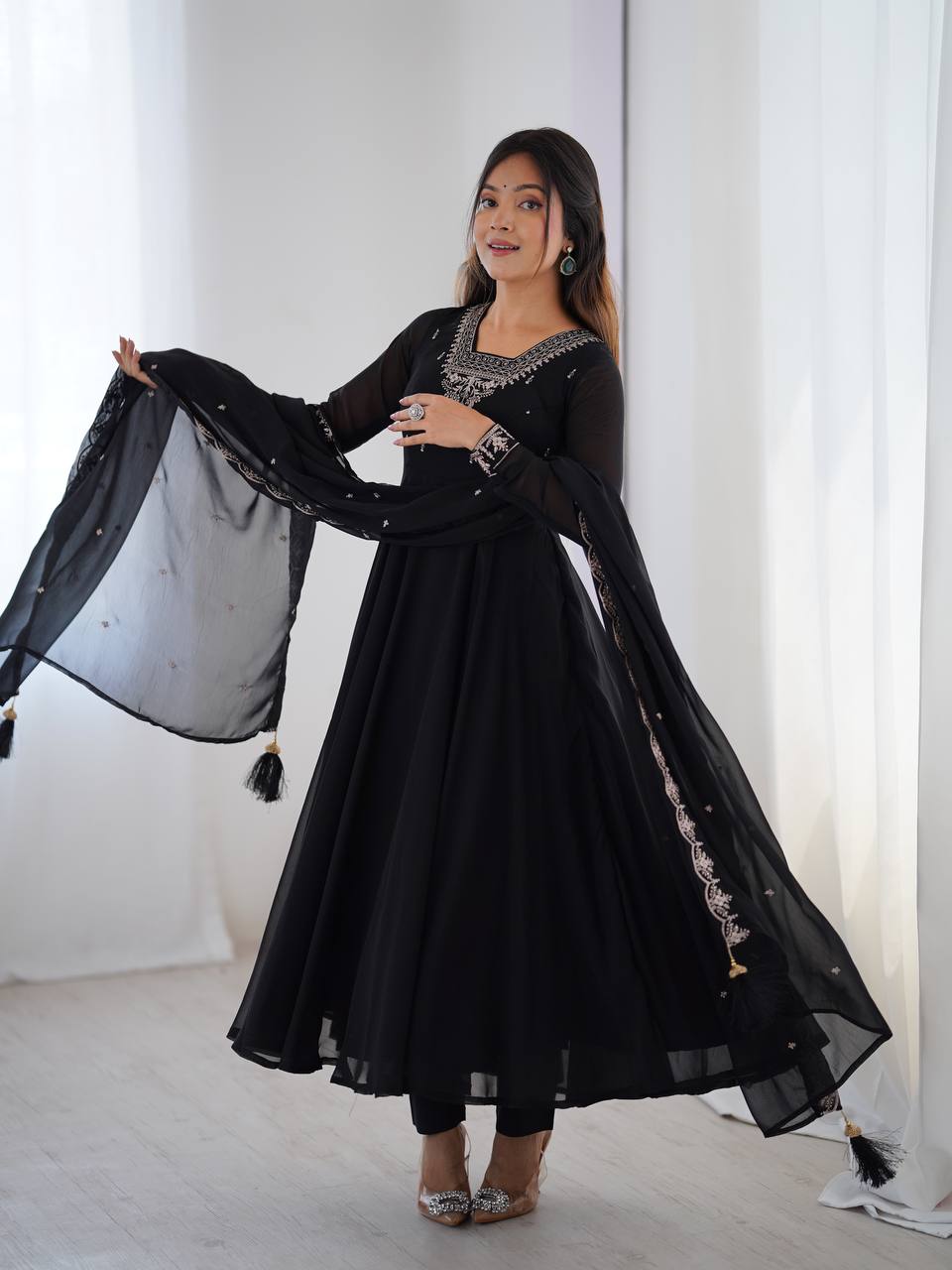 black Anarkali suit in soft Fox Georgette with 6.5-meter flair, beads & zari embroidery, lace sleeves & embroidered dupatta – stitched & ready-to-wear.
