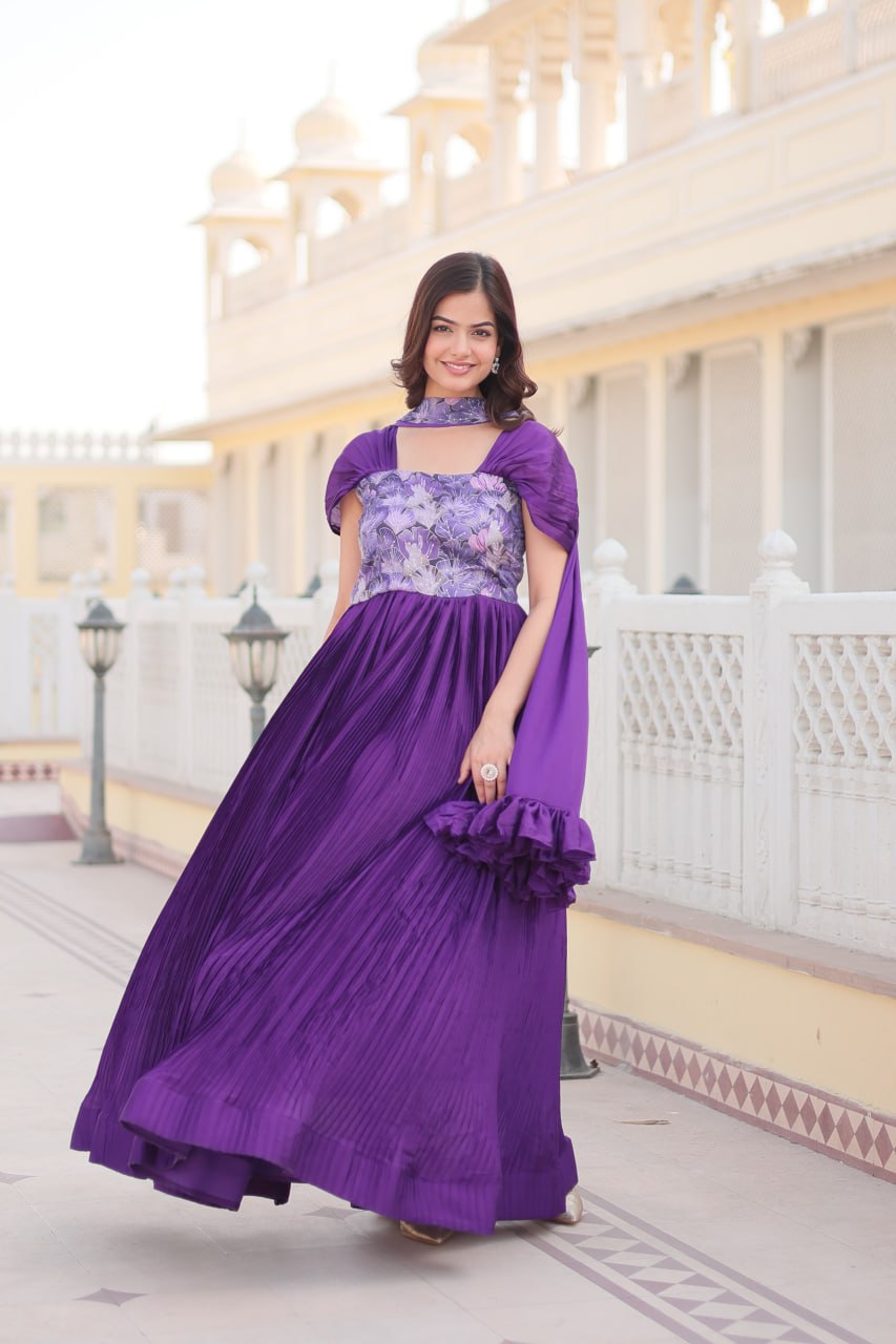 Shanta chinon purple printed anarkali gown set