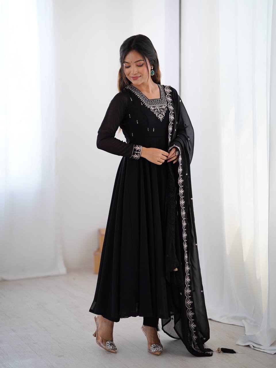 black Anarkali suit in soft Fox Georgette with 6.5-meter flair, beads & zari embroidery, lace sleeves & embroidered dupatta – stitched & ready-to-wear.