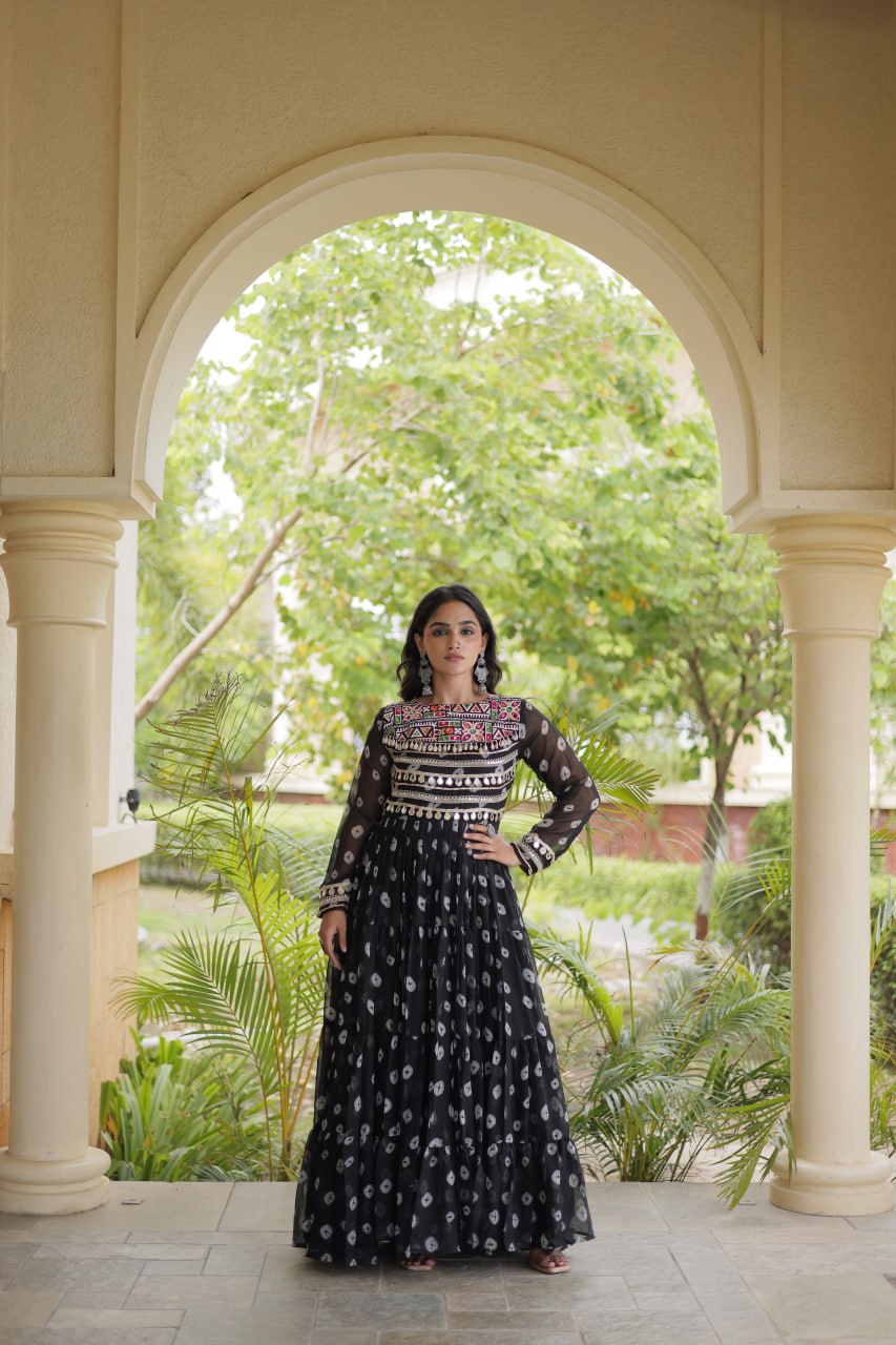 Lavanya Black Faux Georgette Bandhani Kutchi Patchwork Gown